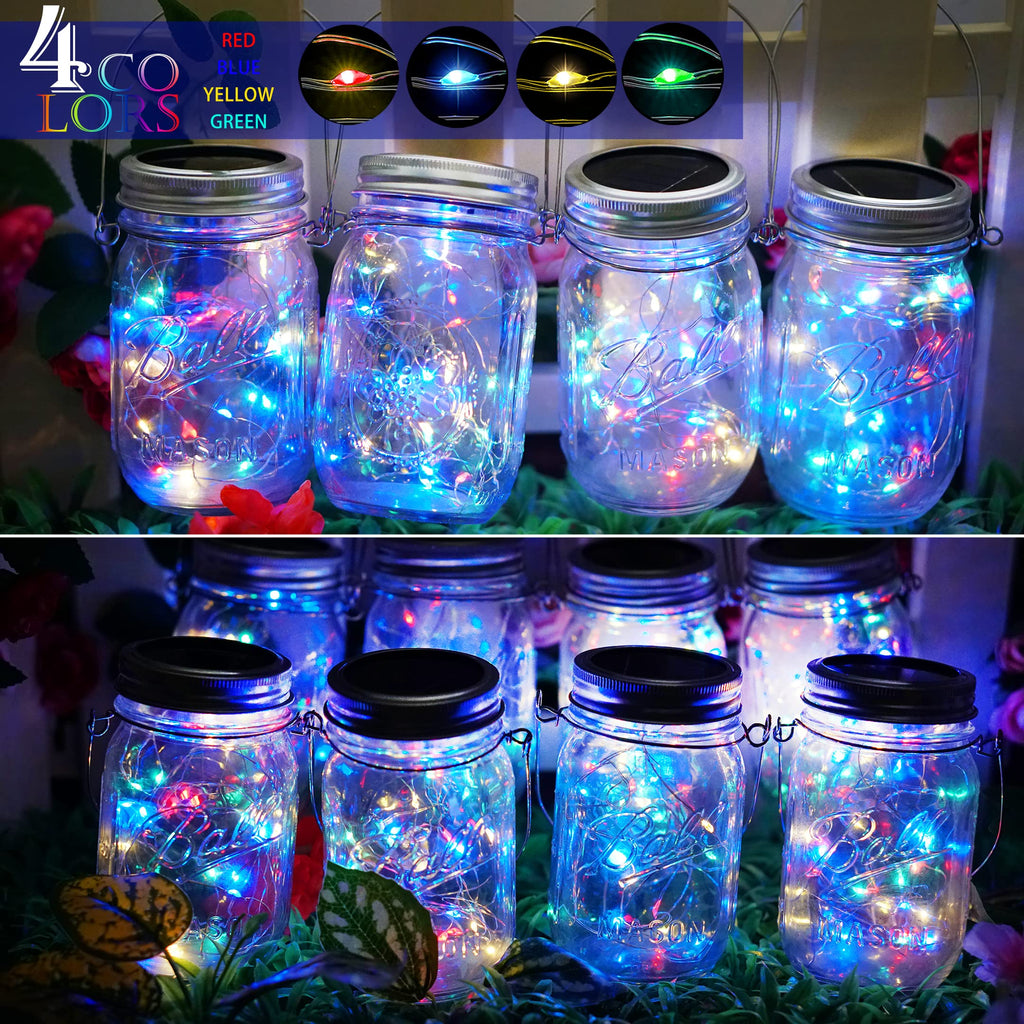 SunKite Solar Mason Jar Lights [Updated], 8 Pack 20 LED Waterproof Fairy Firefly Jar Lids String Lights with Hangers(NO Jars), Patio Yard Garden Wedding Decoration - Colorful