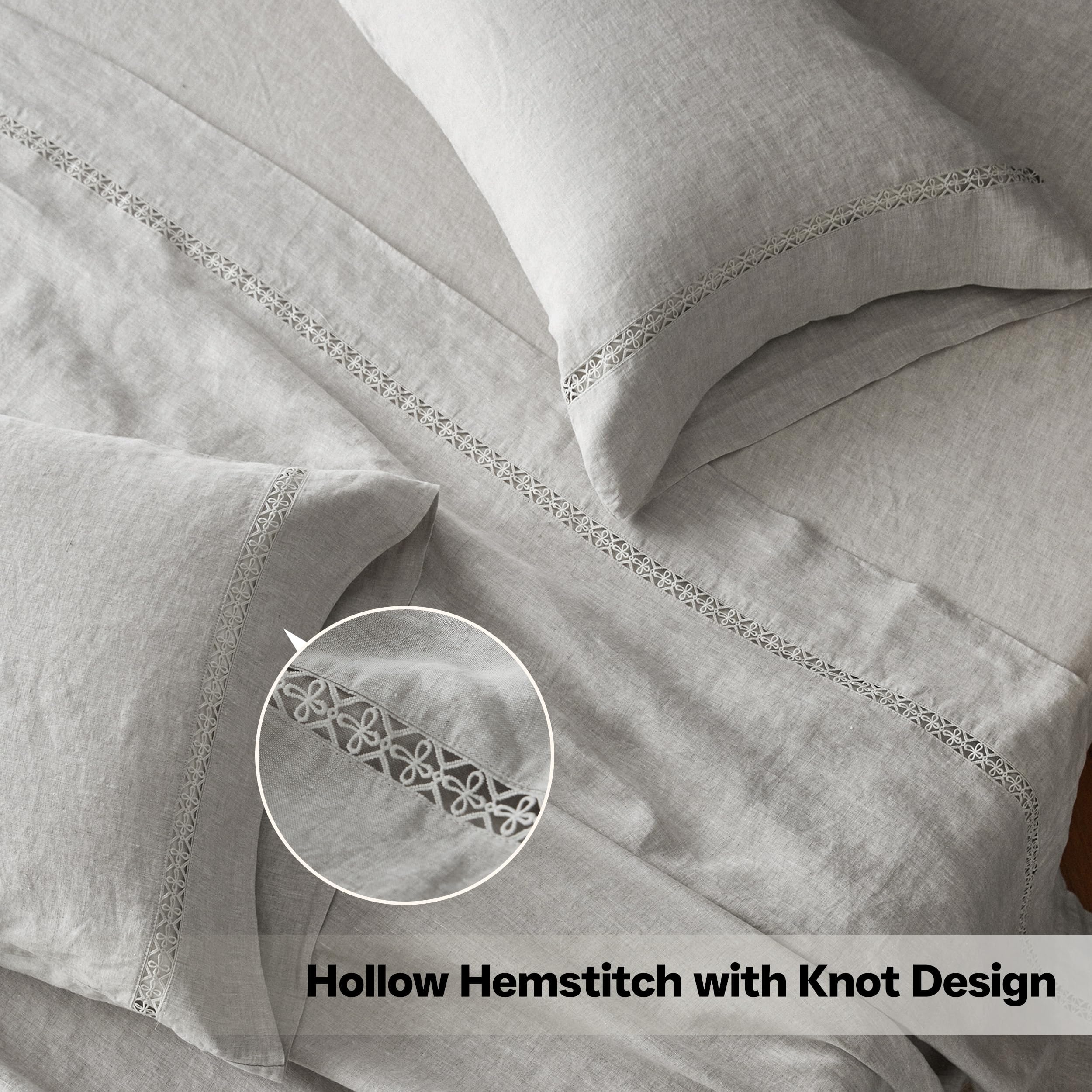 Simple&Opulence 100% Pure Linen Sheet Set Twin Size, Natural French Flax Solid Color 3 Pcs Washed Breathable, Farmhouse Bedding (1 Flat Sheet,1 Fitted Sheet,1 Pillowcase)-Embroidery Dark Grey