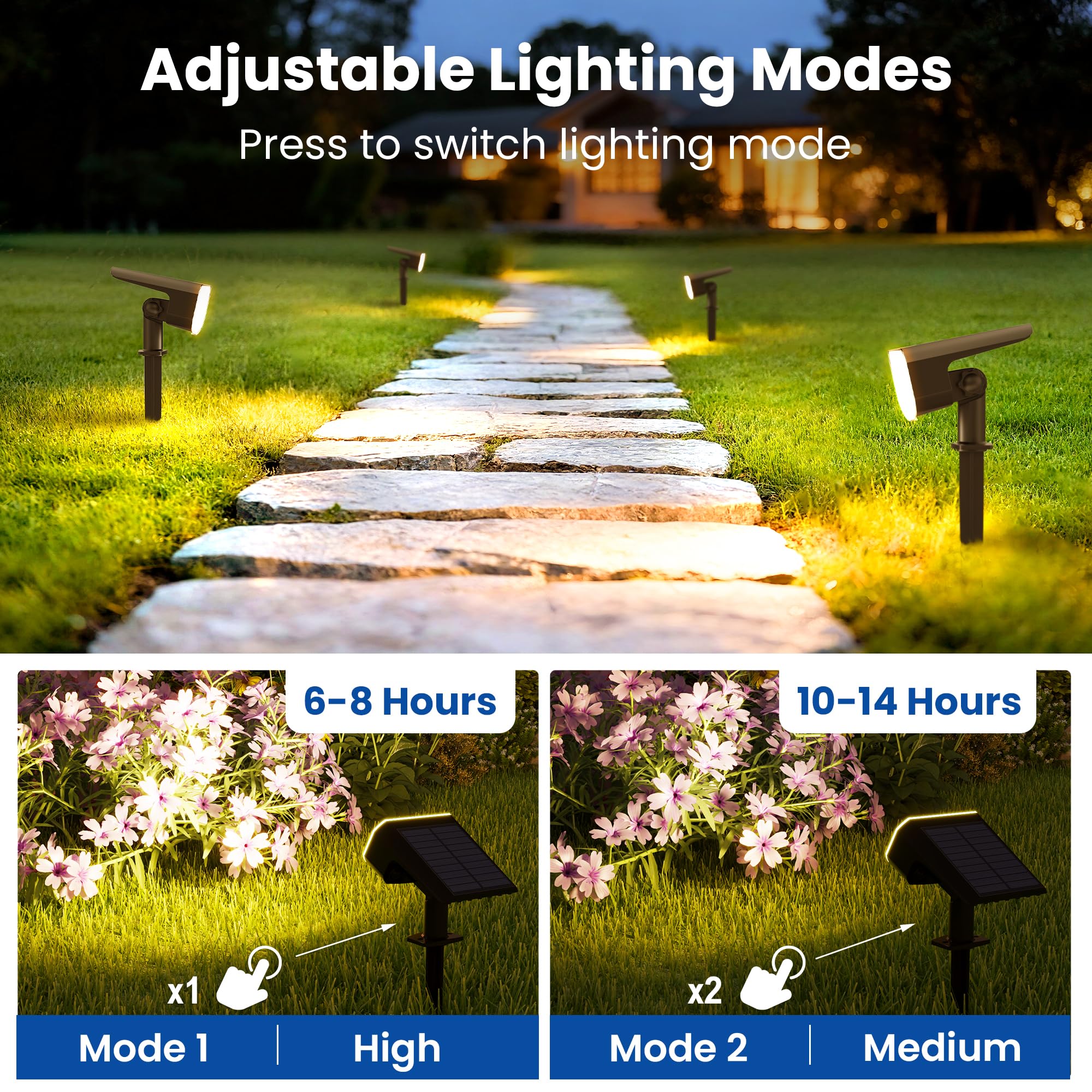 JEJOT Solar Lights Outdoor Waterproof IP65,Auto On/Off, 2700K 2 Lighting Modes, Super Bright LED, Solar Powered Yard Garden Solar Spot Lights for Outside Landscape -6 Pack