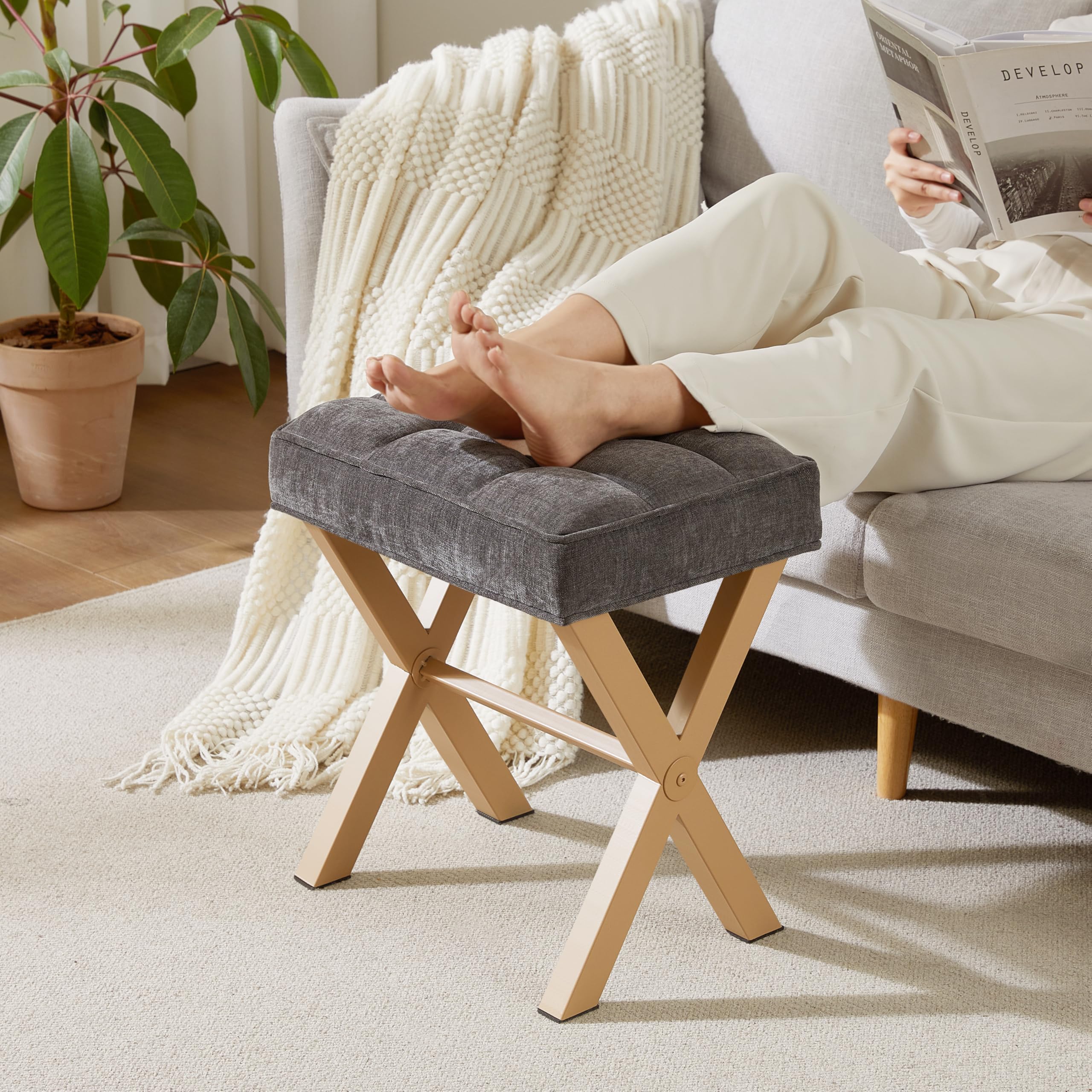 Royal Windsor Vanity Stool with Saddle Cushion, 18 Inch Makeup Vanity Chair for Living Room, Modern Foot Stool Ottoman Piano Bench,Small Upholstered Bench for Bedroom, Beige