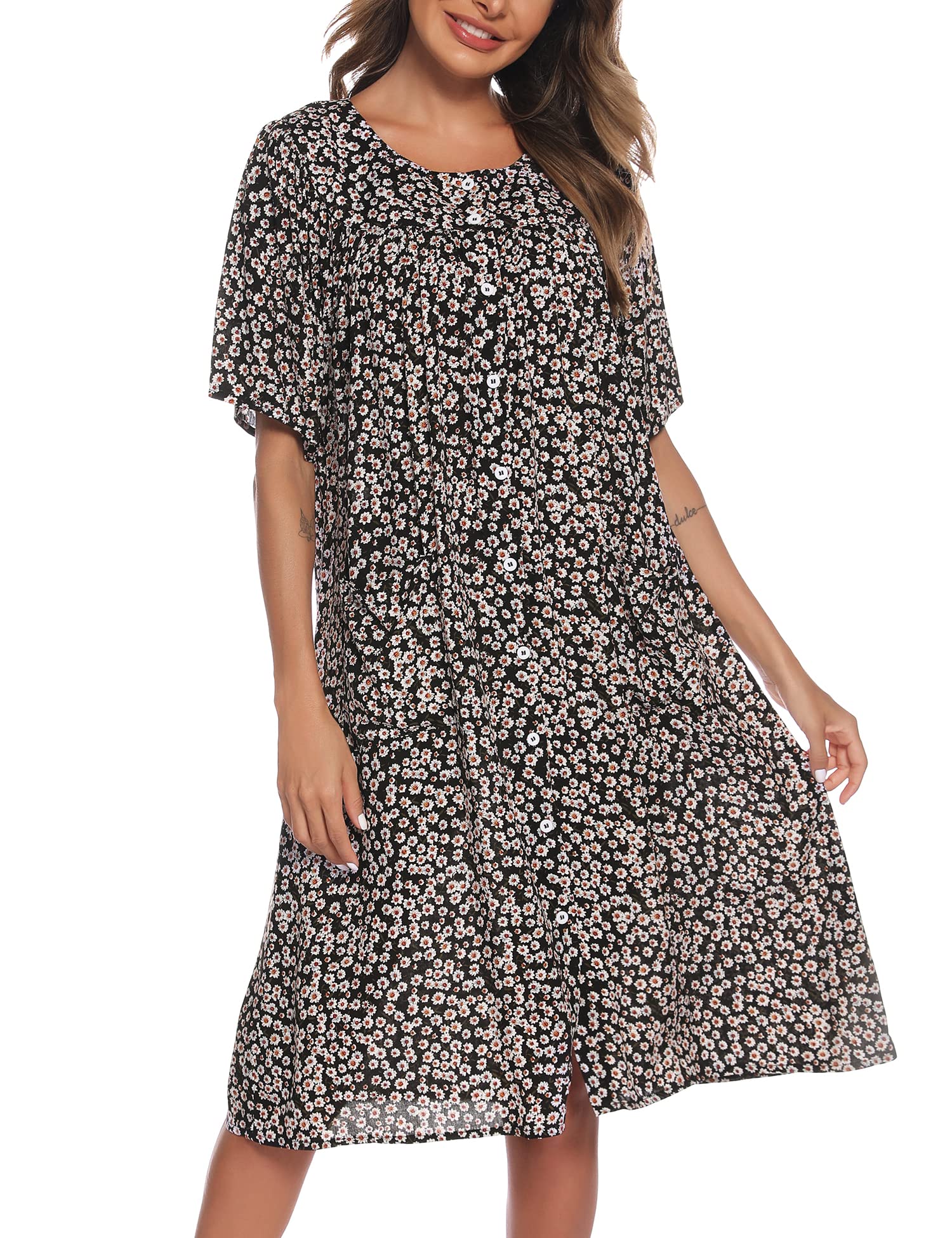 COSUNIONY House Dresses for Women Cotton Short Sleeve House Coat Buttons Down Dusters Robe with Pockets S-XXL