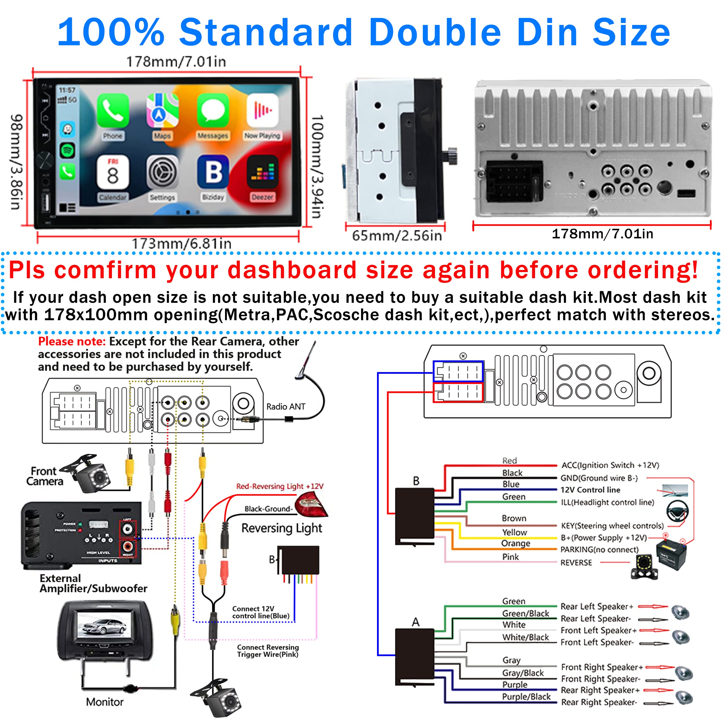 Leadfan Double Din Car Stereo with Dash Cam,7 Inch Full HD Touchscreen Car Audio Receiver Support Carplay and Android Auto,Car Stereo with Bluetooth,Mirror Link,Backup Camera,FM/USB/AUX/Subwoofer