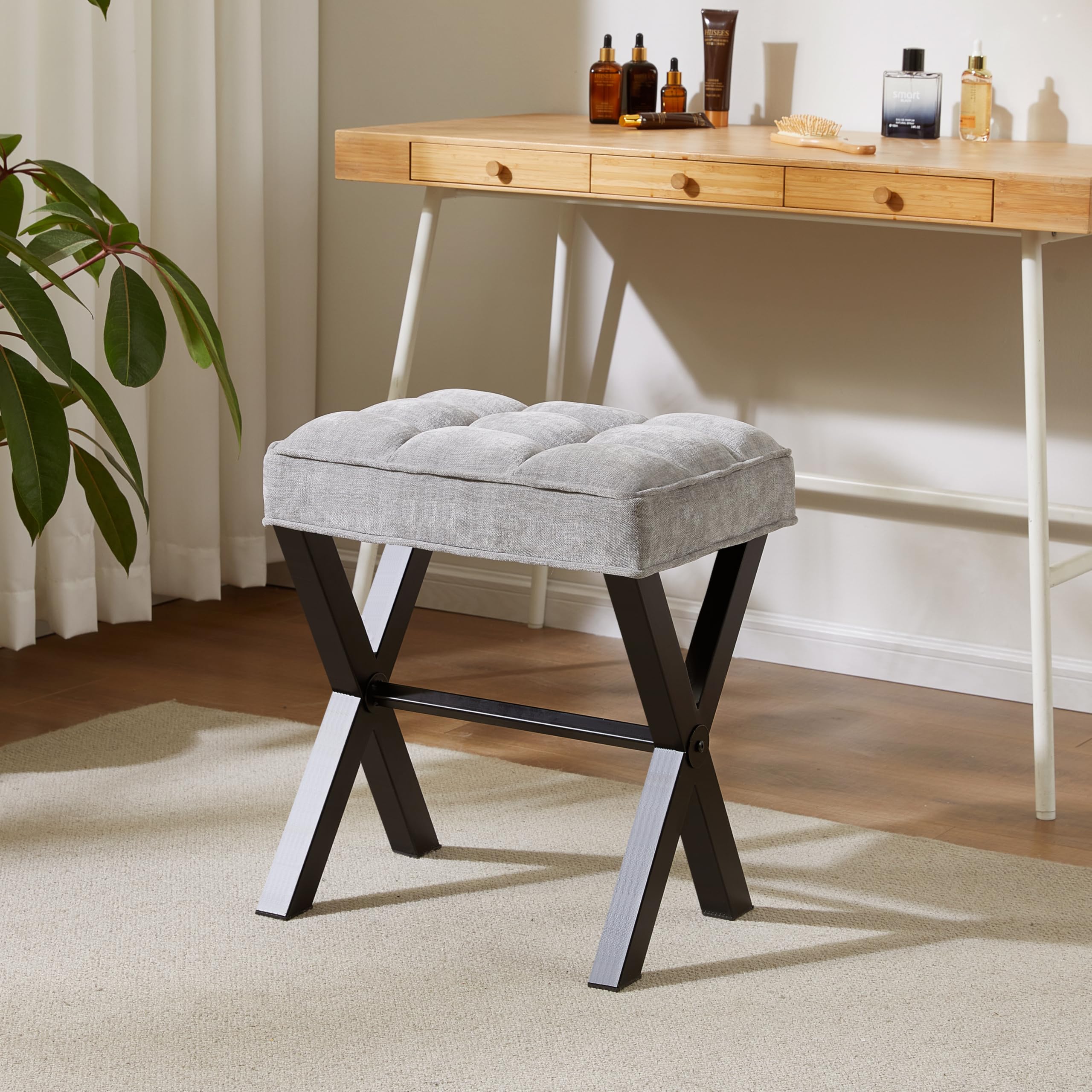 Royal Windsor Vanity Stool with Saddle Cushion, 18 Inch Makeup Vanity Chair for Living Room, Modern Foot Stool Ottoman Piano Bench,Small Upholstered Bench for Bedroom, Beige