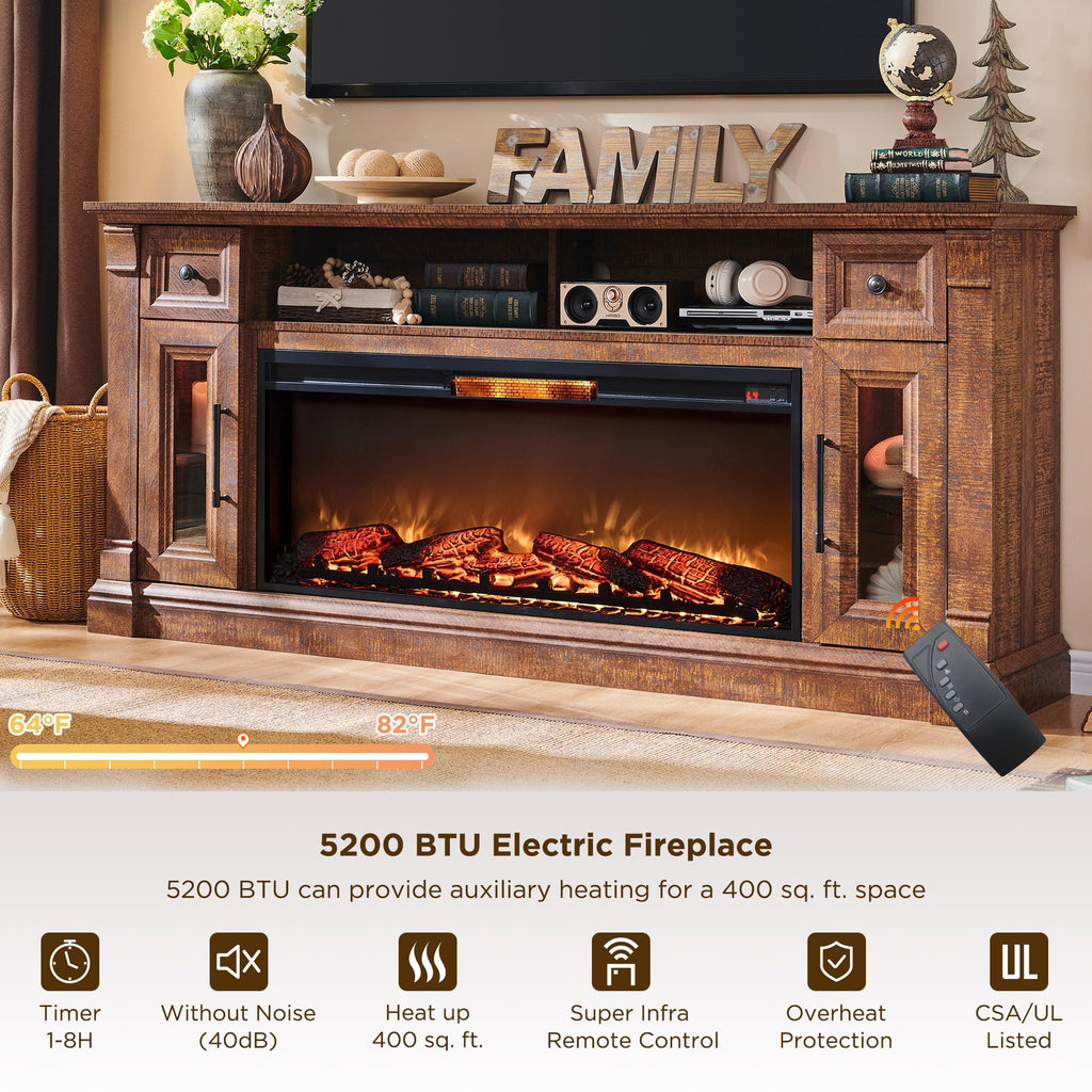 OKD Fireplace TV Stand for 80 Inch TV - Farmhouse Entertainment Center with 42" Electric Fireplace & LED Lights, Wood Media Console with Storage Drawers & Cabinets for Living Room, Antique White
