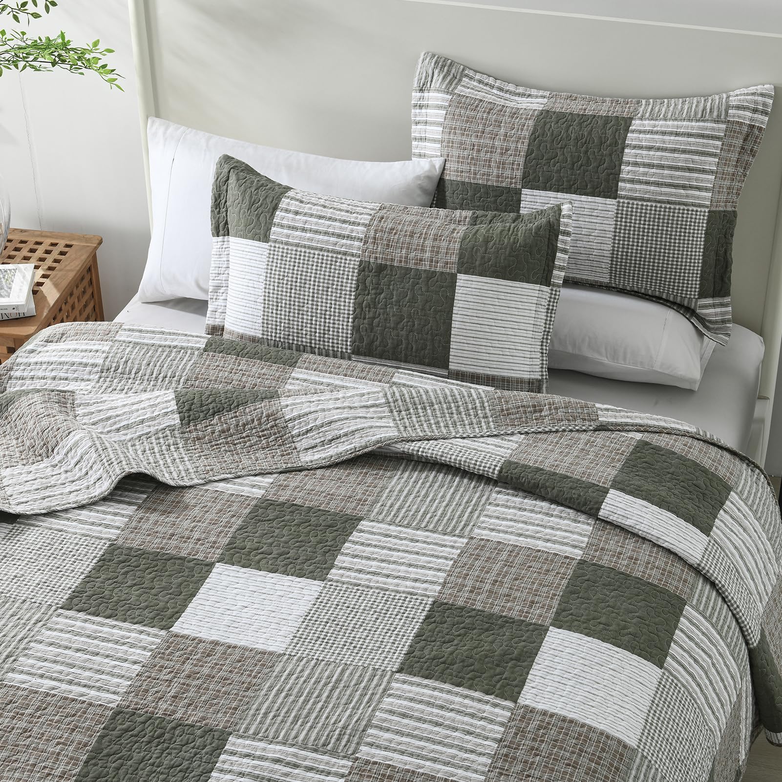 Y-PLWOMEN 100% Cotton Farmhouse Plaid Lightweight 3-Pieces Quilt Set (Blue Brown, Queen90 * 98 Inch)