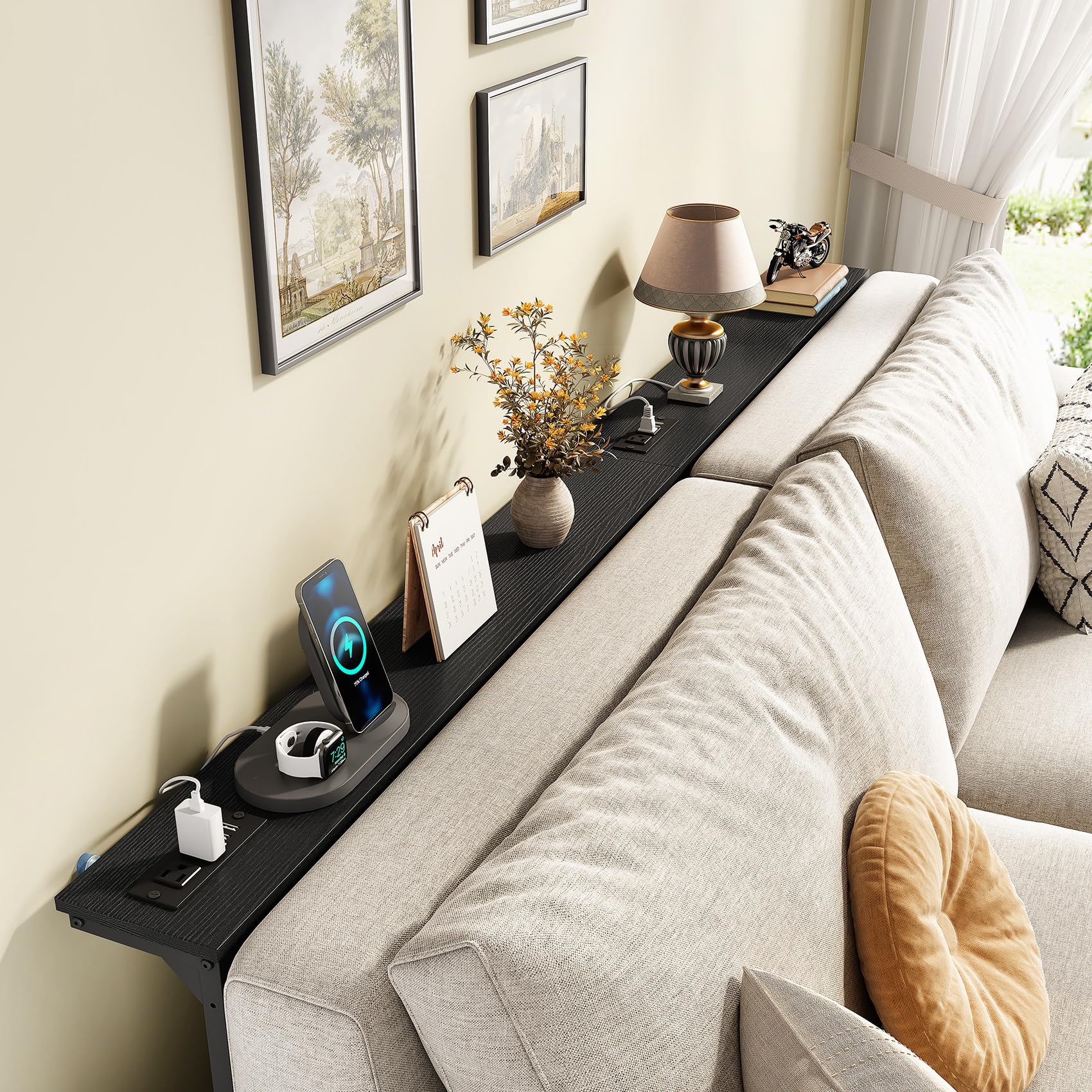 Kitstorack Narrow Sofa Table with Charging Station, 78.8" Behind Couch Table, Adjustable 24.4"-32.7" Height, Modular 2-piece Design for sectionals, entryways, Apartments, and Narrow Living Spaces