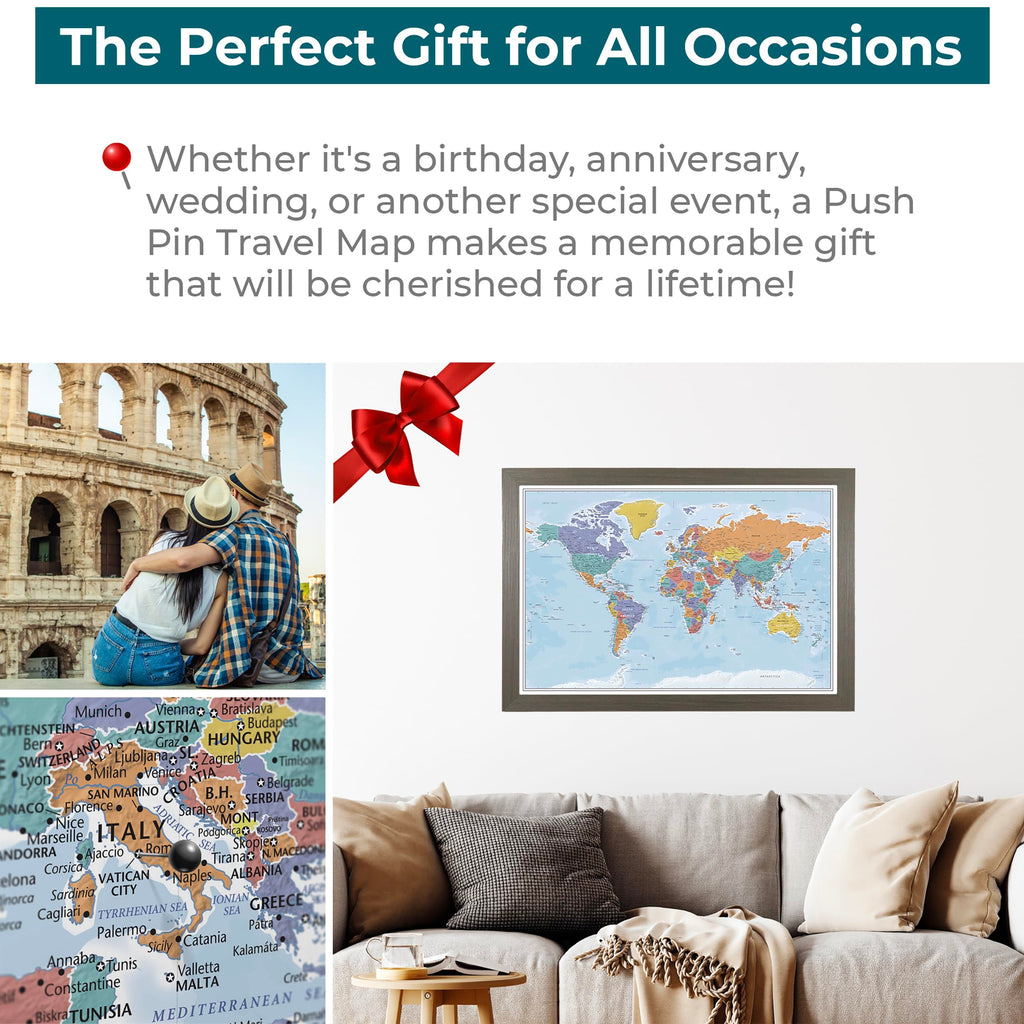 Personalized Canvas Rolled Poster World Map Wall Art with Pins – Large 24" x 36" Blue Oceans Map of the World – Push Pin Travel Decor for Home or Office