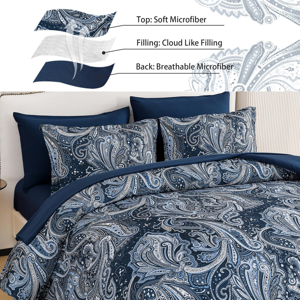 DJY Black Paisley Comforter Set Full Size 7 Piece Bed in a Bag Black and Grey Boho Paisley Pattern Comforter Set Soft Lightweight Microfiber Reversible Bedding Set for All Season