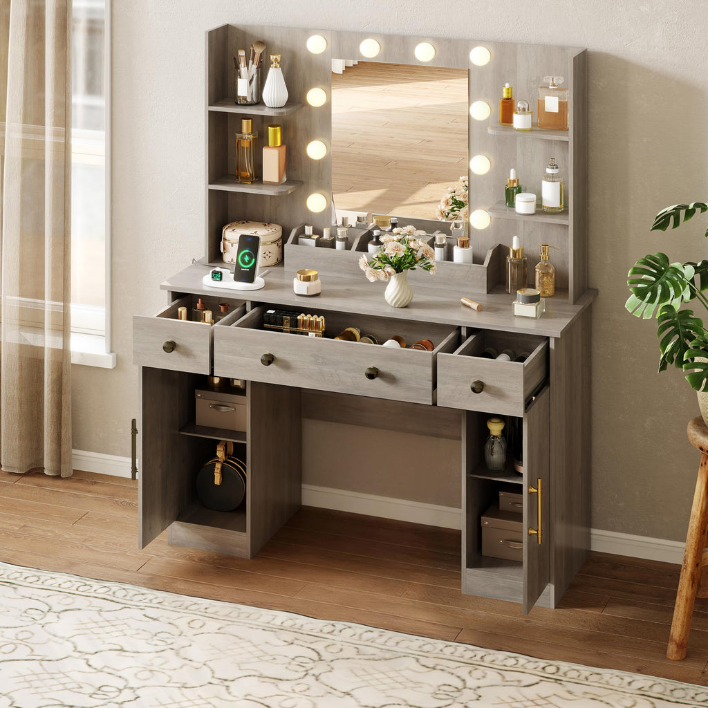 HUANLEGO Vanity Desk with Mirror and Lights, Makeup Vanity with Mirror and LED Lights & Power Outlet, 3 Drawers and Cabinets, 3 Lighting Modes Dressing Table Set for Girls Women Bedroom,Oak