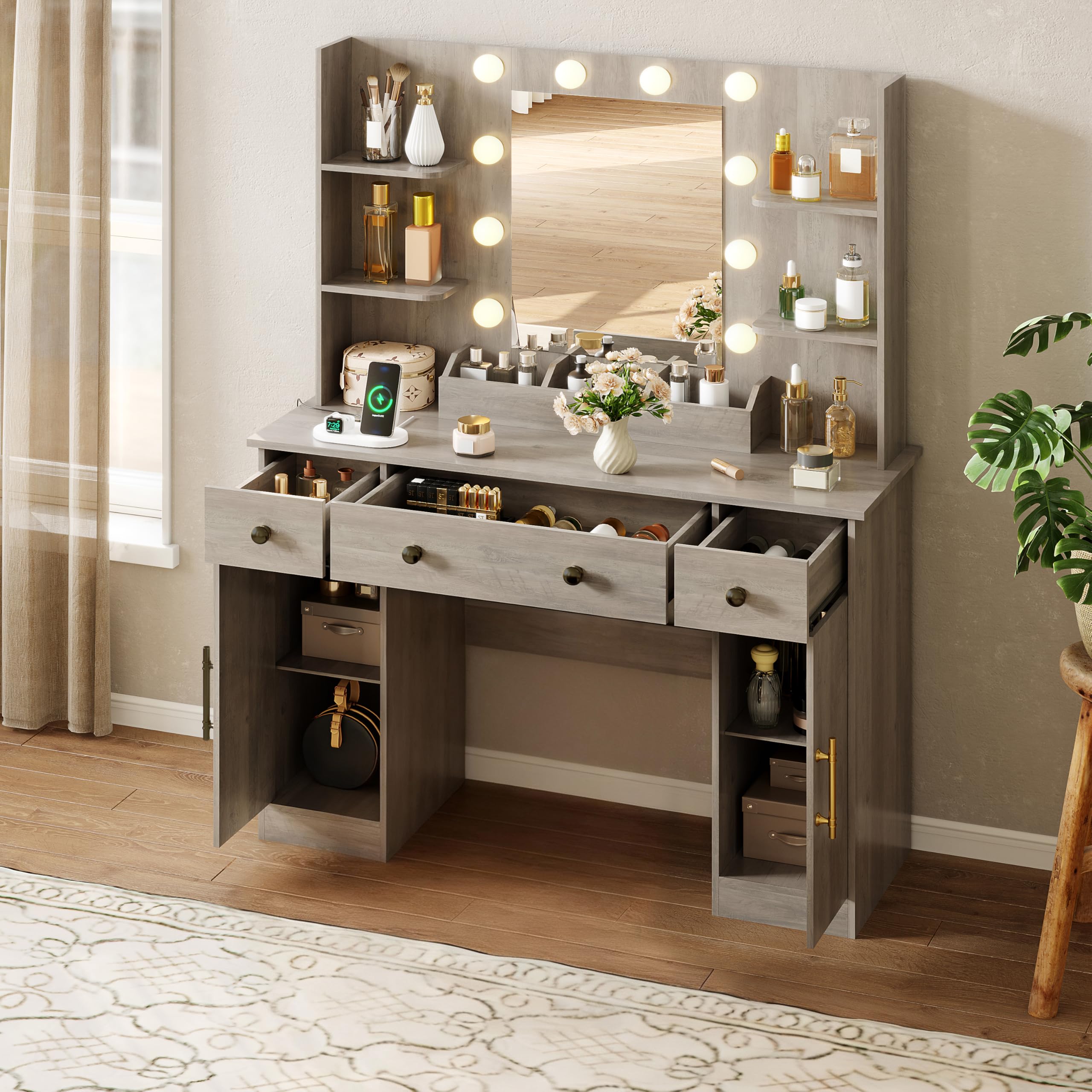 HUANLEGO Vanity Desk with Mirror and Lights, Makeup Vanity with Mirror and LED Lights & Power Outlet, 3 Drawers and Cabinets, 3 Lighting Modes Dressing Table Set for Girls Women Bedroom,Oak