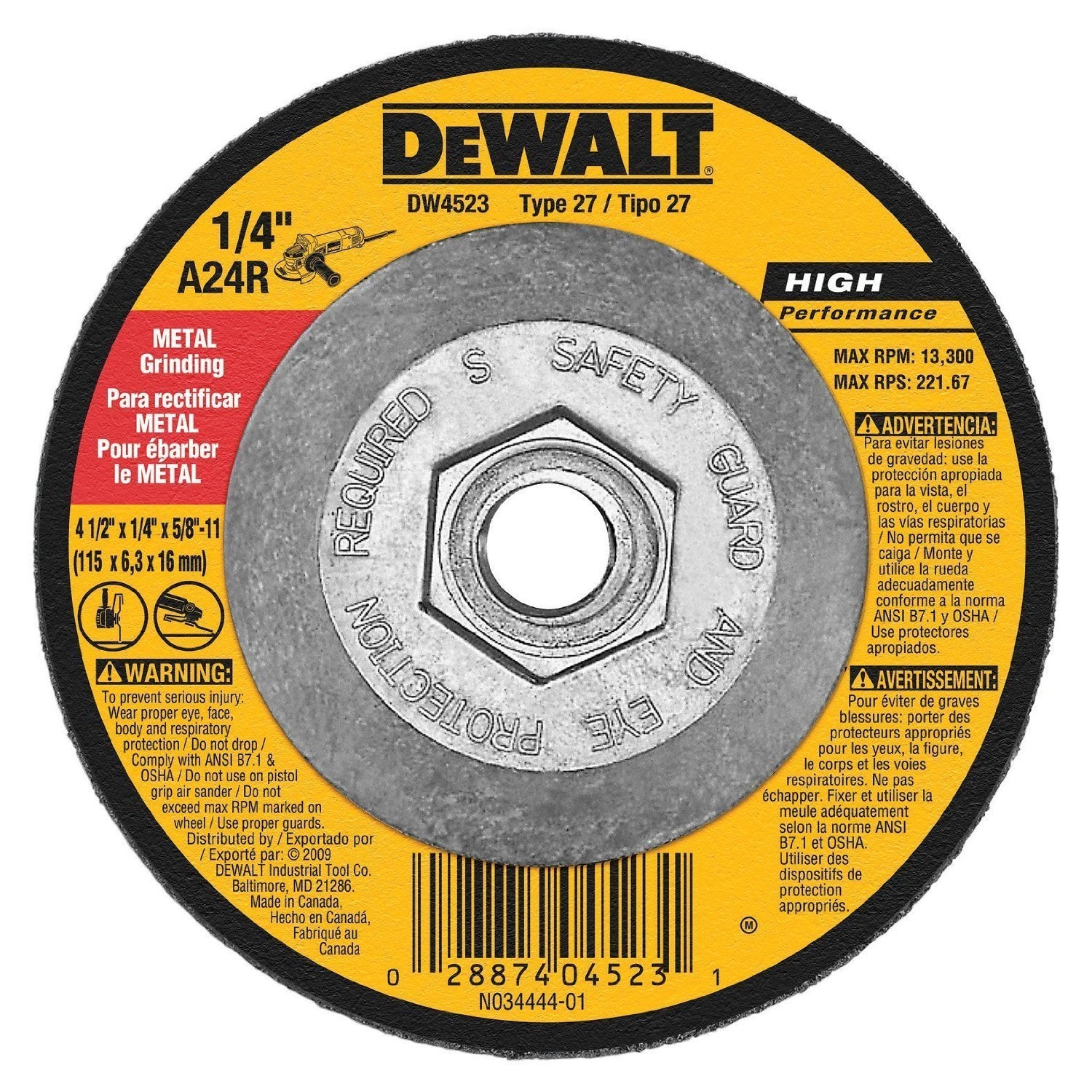 DEWALT Grinding Wheel, General Purpose for Metal, 4-1/2-Inch x 1/4-Inch x 5/8-Inch (DW4523)