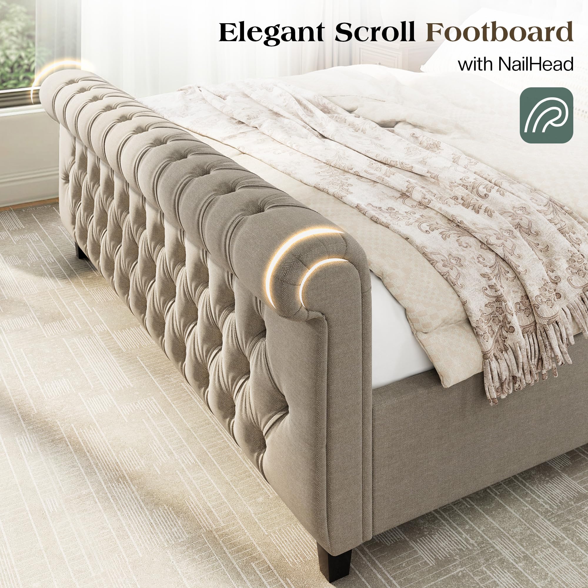 LUXOAK Queen Size Platform Bed Frame, Velvet Upholstered Sleigh Bed with Curved Headboard & Footboard, Deep Button Tufted, Wood Slats Support, No Box Spring Needed, Black