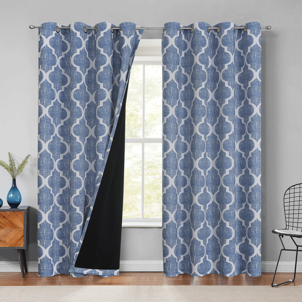 Beauoop 100% Blackout Curtains 45 Inches Long 2 Panels for Bedroom Living Room Aqua Grey Moroccan Geo Room Darkening Thermal Insulated Soundproof Grommet Top Window Treatments Drapes, 50x45 Set of 2
