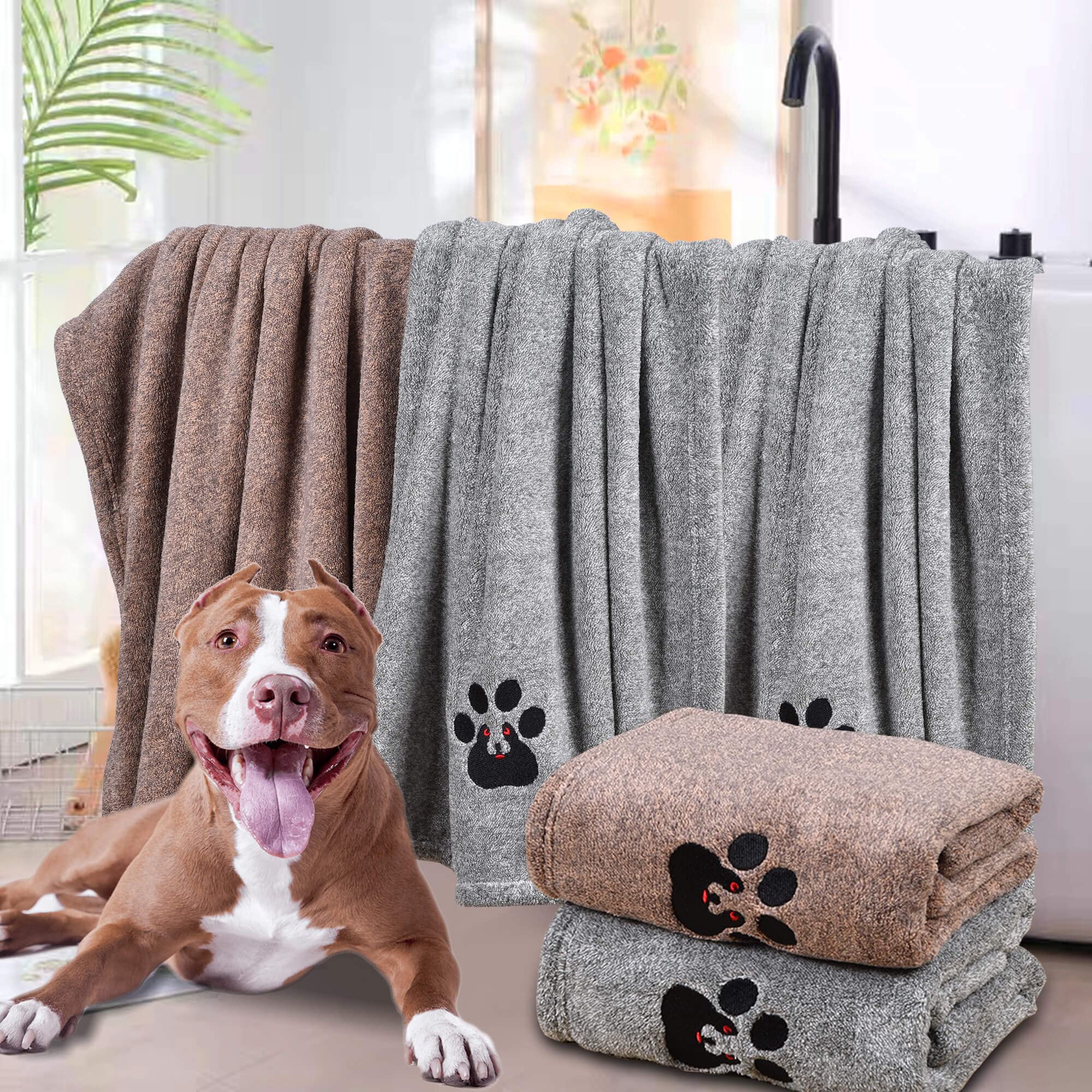 Dogvingpk Medium Dog Towel 4 Pack, Super Absorbent Soft Quick Drying Microfiber Pet Bath Towels for Medium & Small Dogs (M-36" * 28", 2Grey and 2Brown)