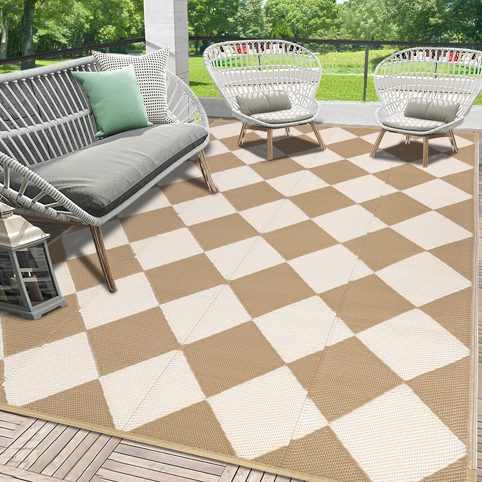 HEBE Checkered Outdoor Rug Waterproof 5x8, Reversible Plastic Straw Rug RV Camping Rug, Indoor Outdoor Patio Mat Clearance, Outside Carpet for Porch,Deck,Camper,Balcony,Backyard,Picnic