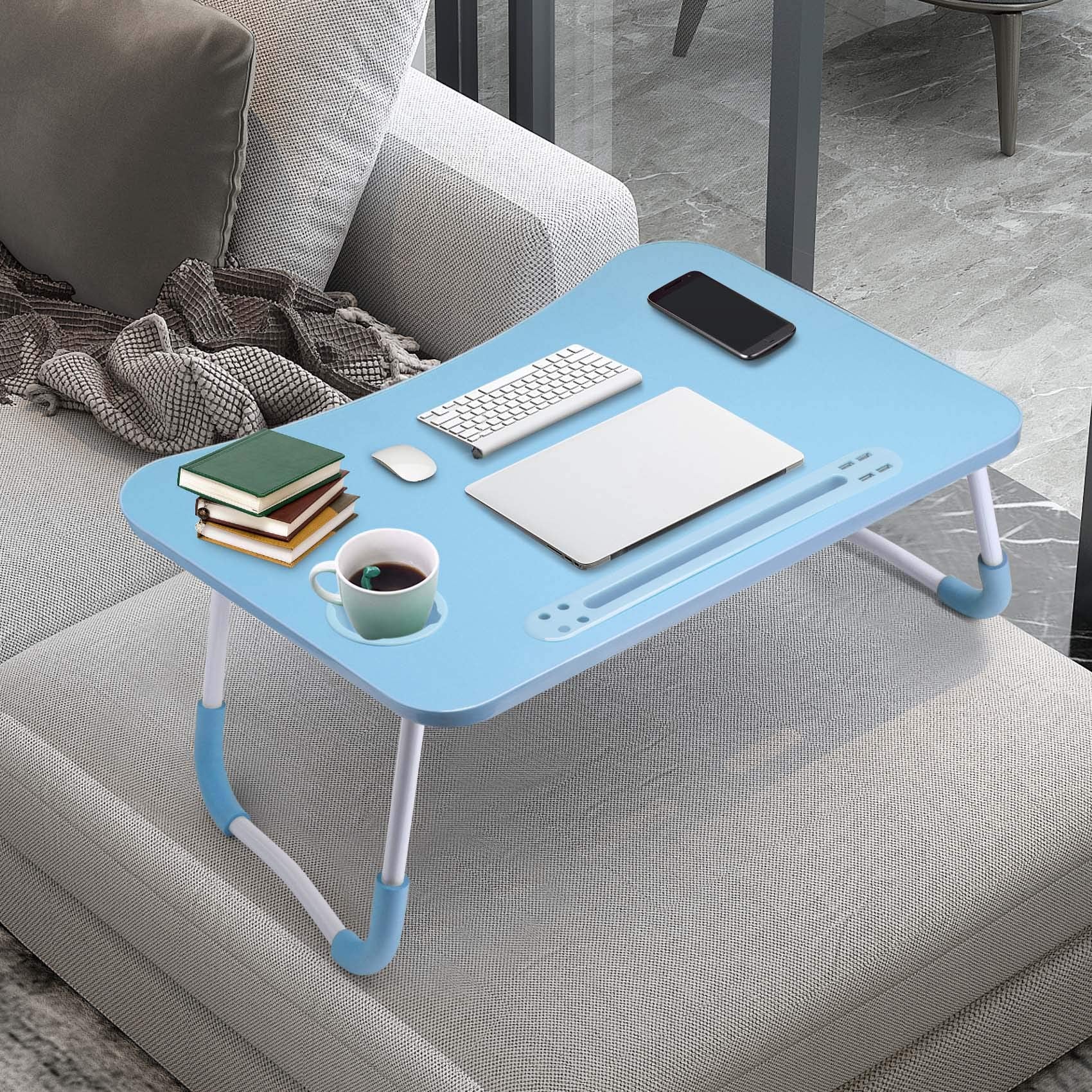 Slendor Lap Desk with Cup Holder, Foldable Laptop Table for Bed, Portable Bed Desk for Laptop and Writing, Computer Tray with Tablet Slot, Notebook Stand Reading Holder for Couch Sofa Floor,Black