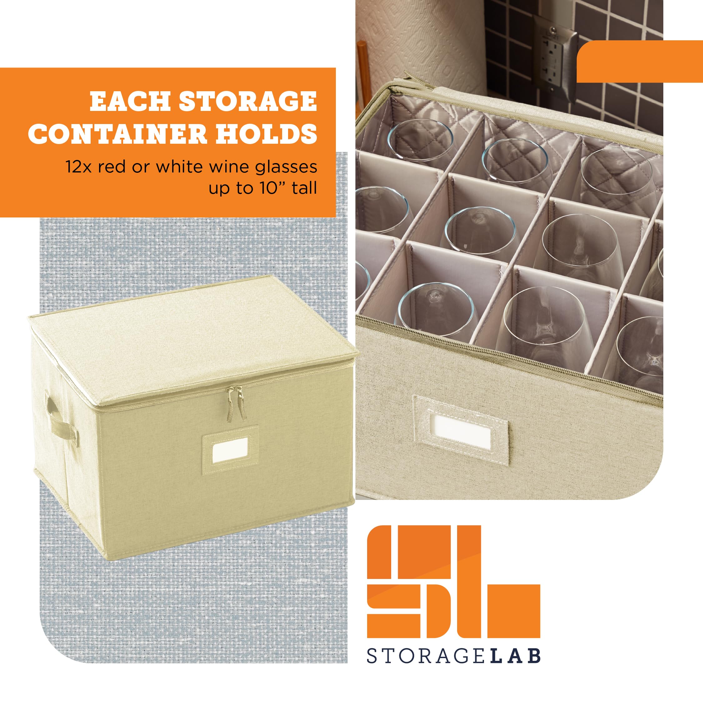 storageLAB Wine Glass Storage Containers, Hard Shell Organizer for Stemware and Glassware Sets, Stackable Wine Glass Storage Box with Dividers for Kitchen and Moving Supplies - 1 Pack, Cream