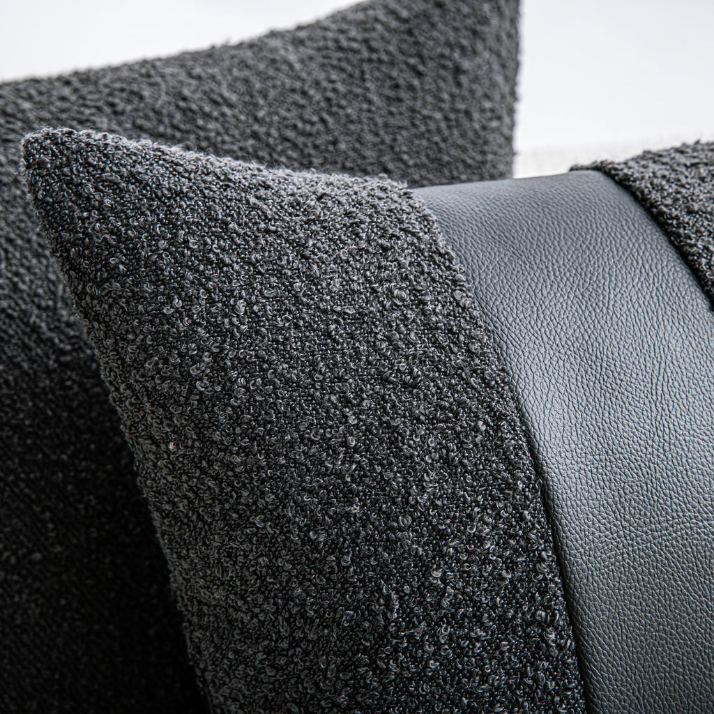 18"x18" Charcoal Black Boucle Throw Pillow Covers with Faux Leather Accents Set of 2 Fluffy Textured Decorative Pillow Cases for Couch Bed Boho Farmhouse Square Cushion Covers for Nordic Home