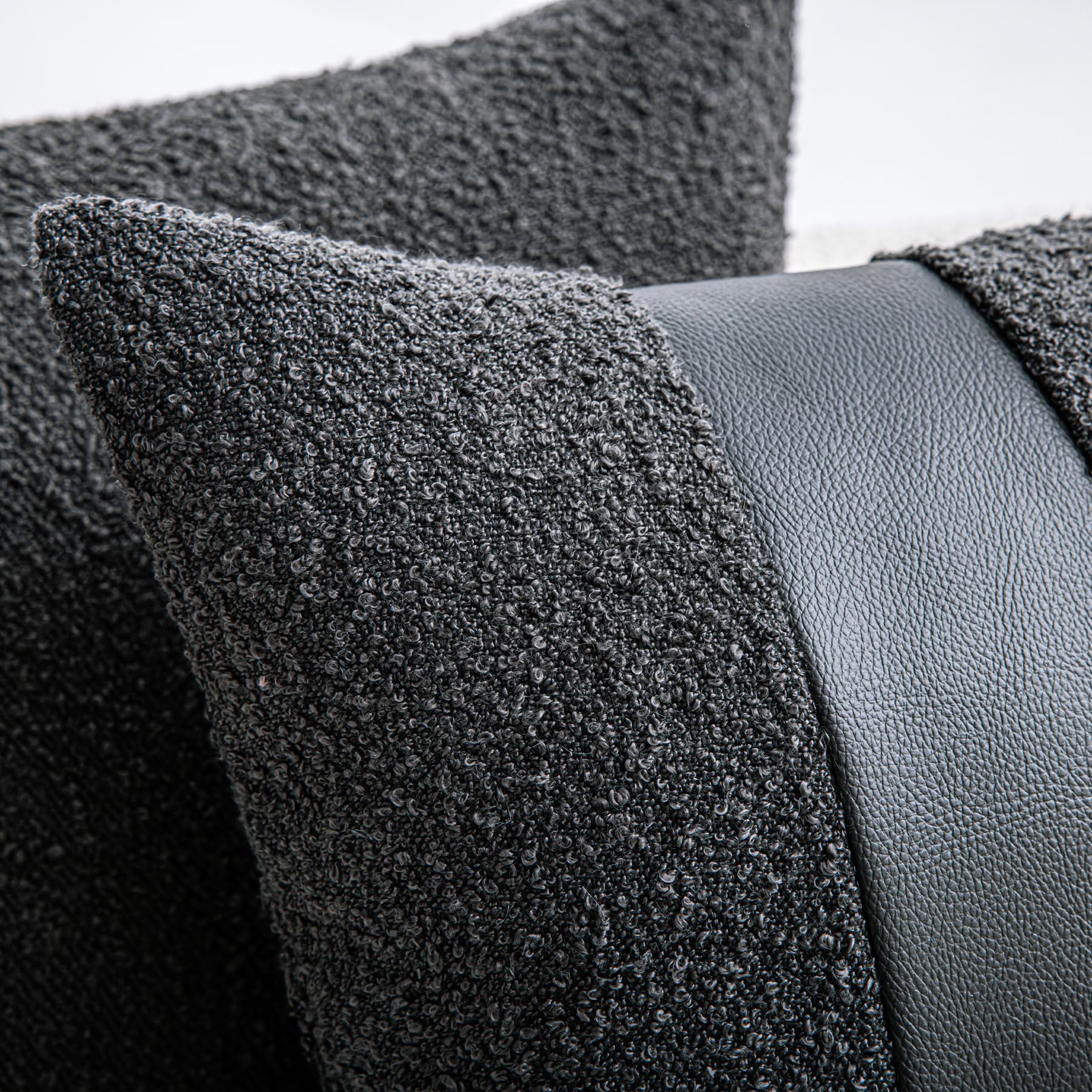 18"x18" Charcoal Black Boucle Throw Pillow Covers with Faux Leather Accents Set of 2 Fluffy Textured Decorative Pillow Cases for Couch Bed Boho Farmhouse Square Cushion Covers for Nordic Home