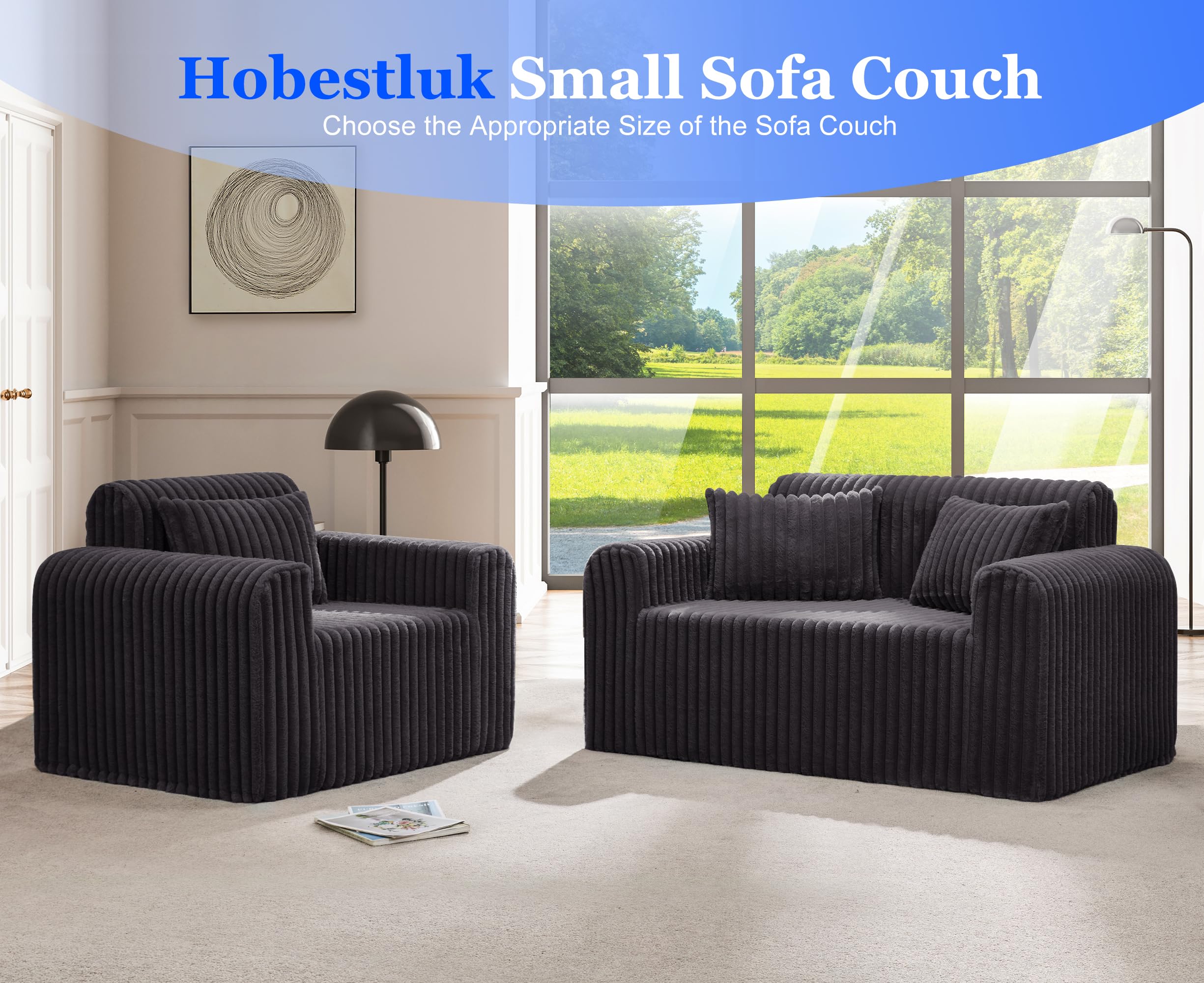 Hobestluk Single Sofa Foam Couch Sofa for Small Spaces Comfy Sofas with Removable Cover Furry Couch with Pillows for Living Room, Bedroom, Apartment, Office (Black, Standard)