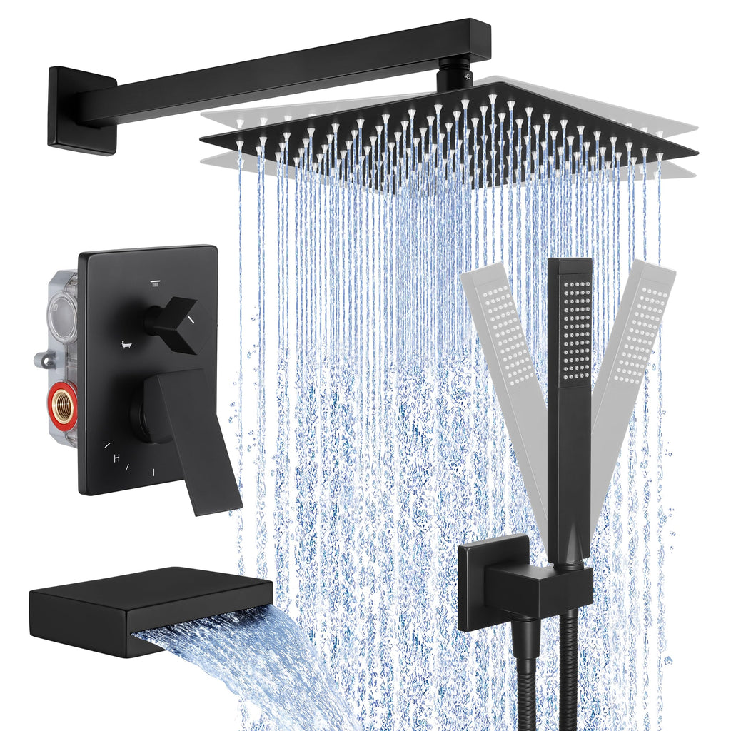 KES Tub and Shower Faucet Set Shower System with 10-Inch Rain Shower Head and Waterfall Tub Faucet Wall Mount Shower Valve and Trim Kit Included Matte Black, XB6240-BK