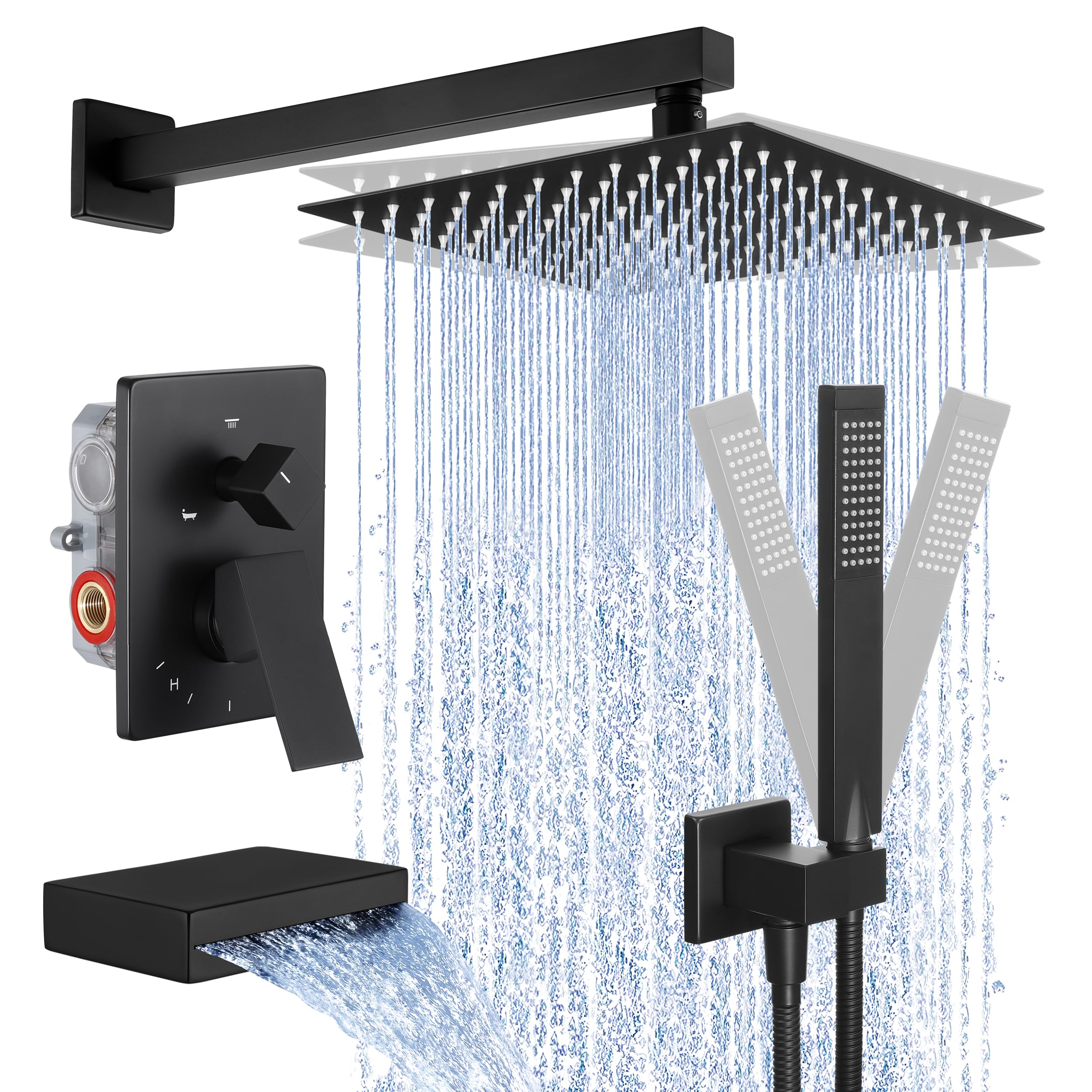 KES Tub and Shower Faucet Set Shower System with 10-Inch Rain Shower Head and Waterfall Tub Faucet Wall Mount Shower Valve and Trim Kit Included Matte Black, XB6240-BK