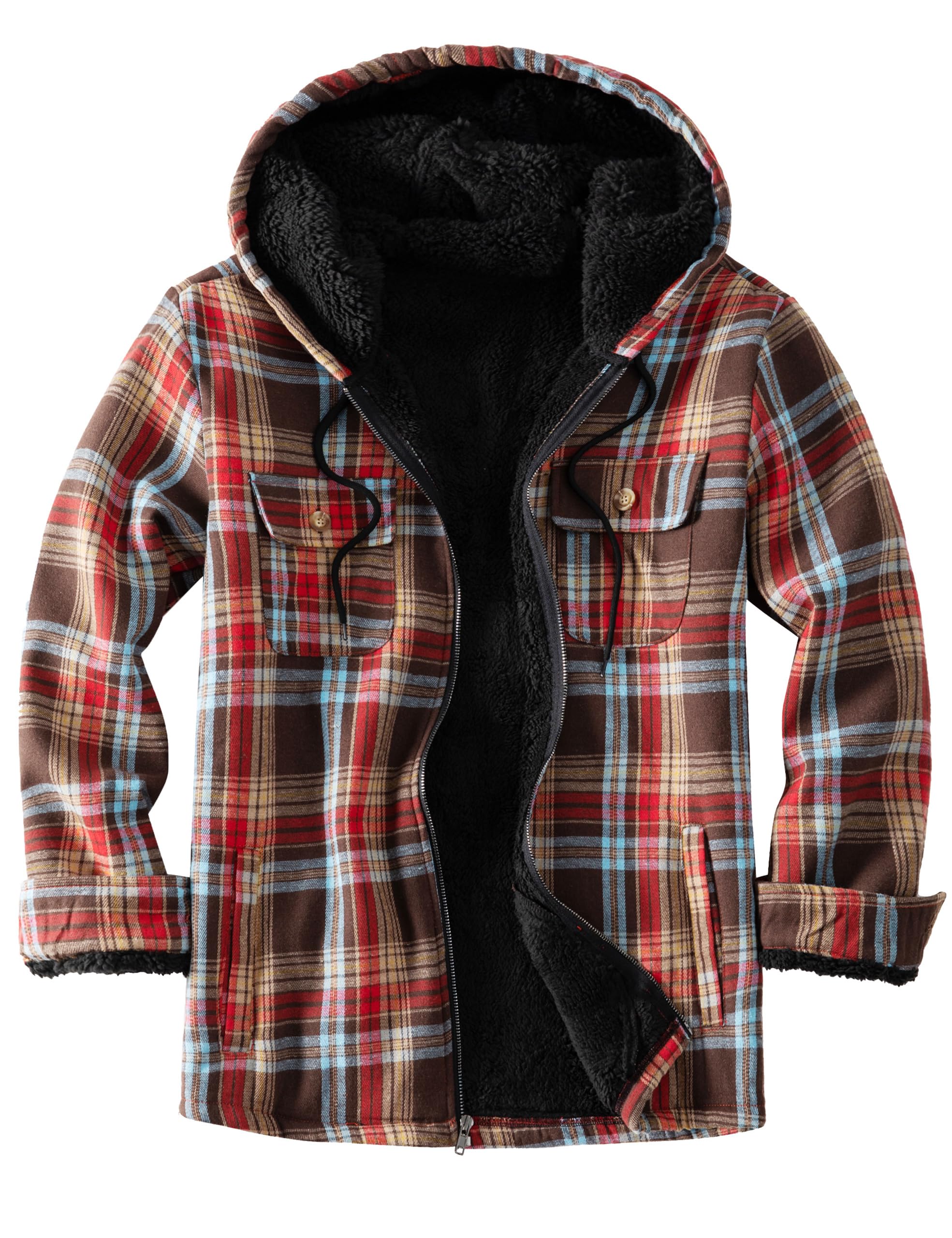 Men's Flannel Plaid Hooded Jackets Full Zip Sherpa Fleece Lined Hoodies Fashion Warm Coat