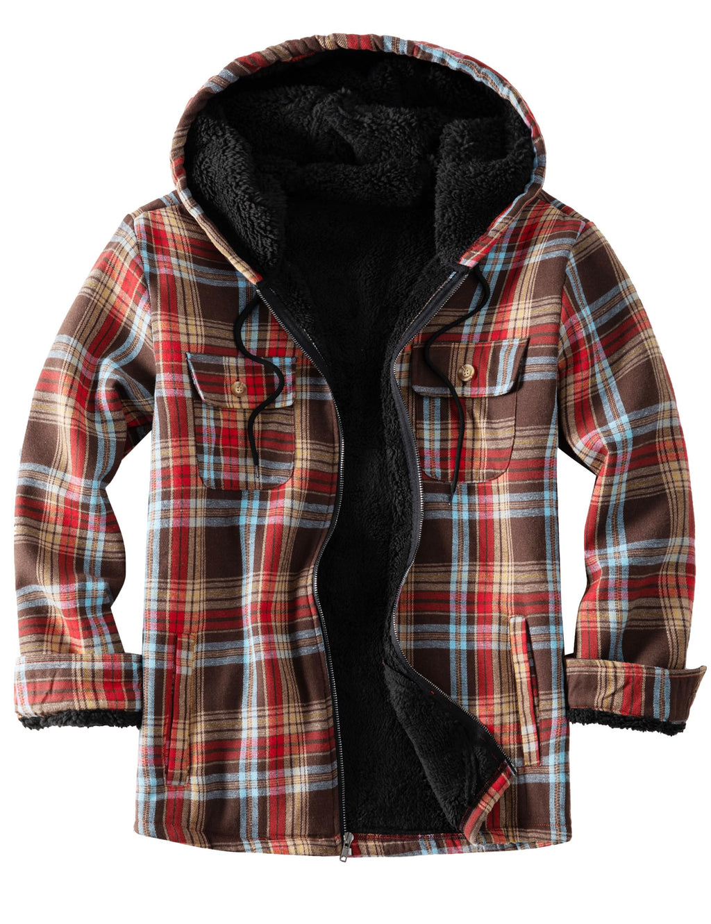 Men's Flannel Plaid Hooded Jackets Full Zip Sherpa Fleece Lined Hoodies Fashion Warm Coat
