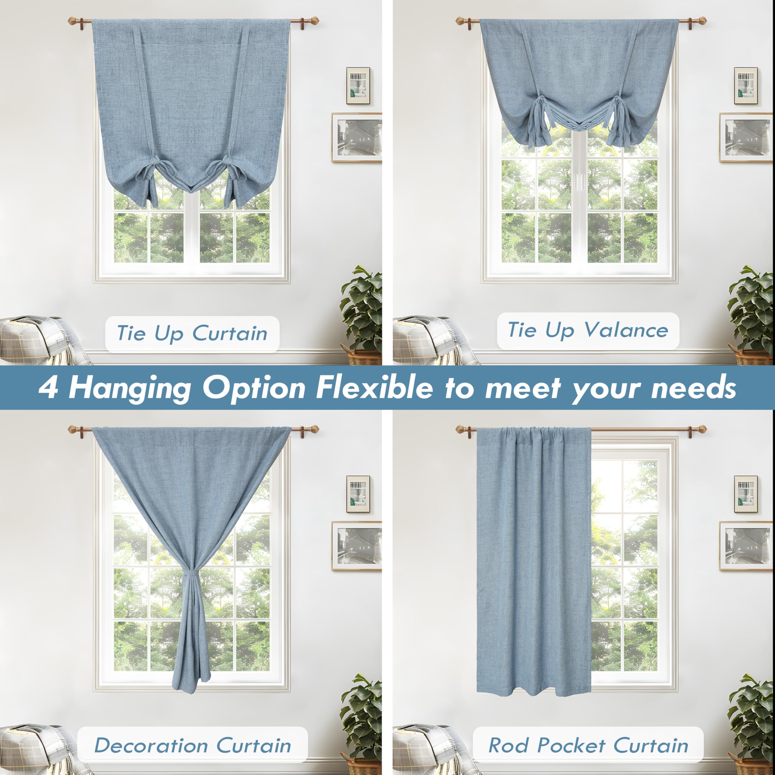 DriftAway Double Layer Linen Blackout Tie Up Curtains Thermal Insulated Fully Lined Balloon Roman Shade Bathroom Window Adjustable Rod Pocket for Small Window 25 Inch by 47 Inch Beige