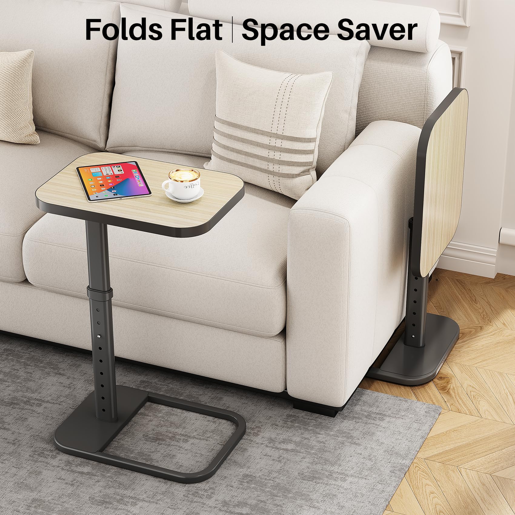Kitstorack TV Tray Table, Adjustable Height & Rounded Metal Corners, Snack Table for Couch, Sofa, Bed, Chair, Living Room, C Shaped End Side Table for Eating, Dinner or Laptop, Small Spaces, Black
