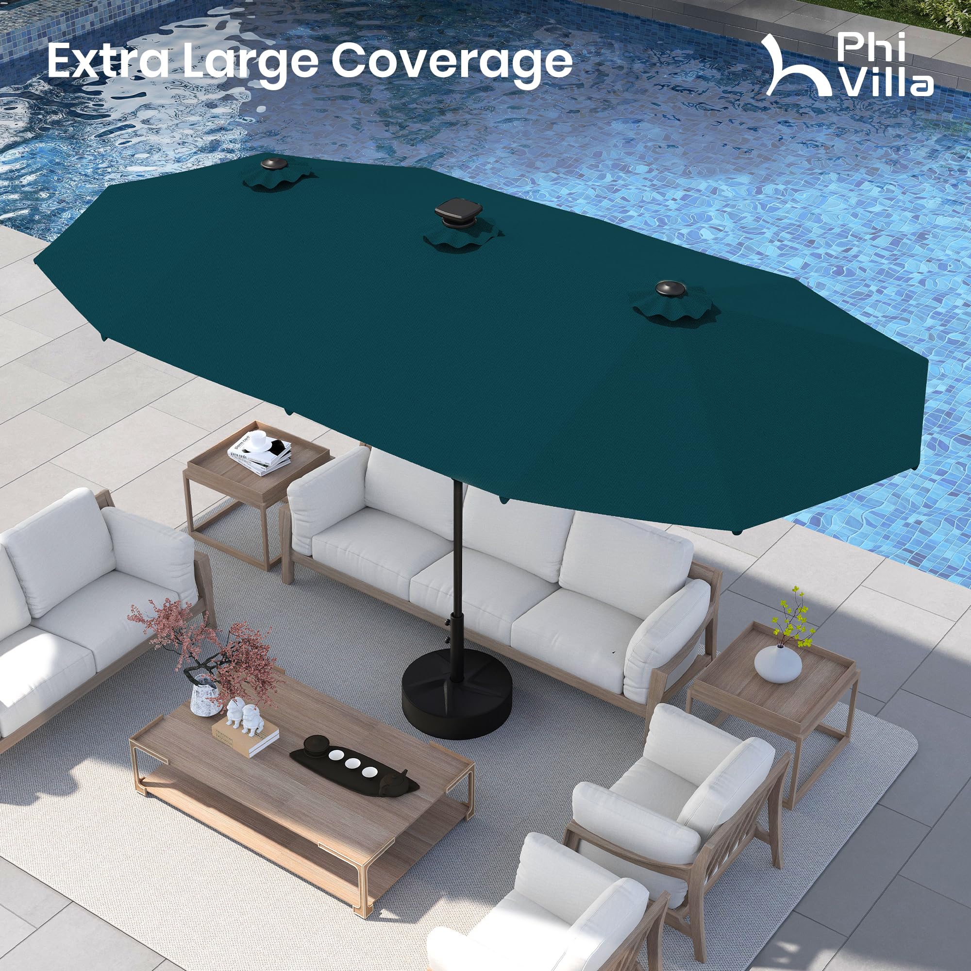 PHI VILLA 13ft Patio Umbrella with Solar-Powered 120 PCS LED Color-Changing Lights, Triple-Head Large Rectangle Umbrella Outdoor Patio for Table with Crank Lift,Beige(No Base)