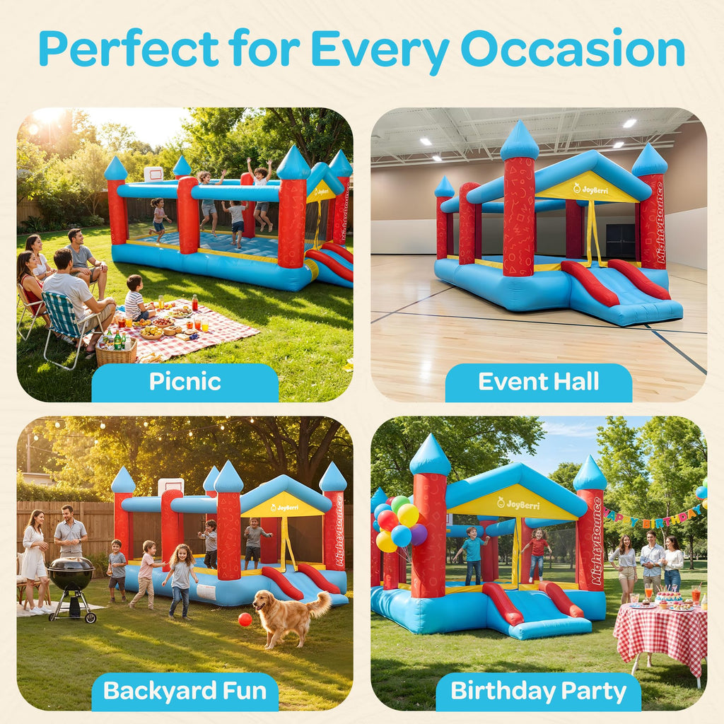 JoyBerri Mighty Bounce House with Blower -16.8' x8.9' Ft Extra Large Inflatable Bouncy Castle with Slide, Volleyball Net, Basketball Hoop — Kids Bounce House for Big Kids 5-12, Outdoor -ASTM Certified