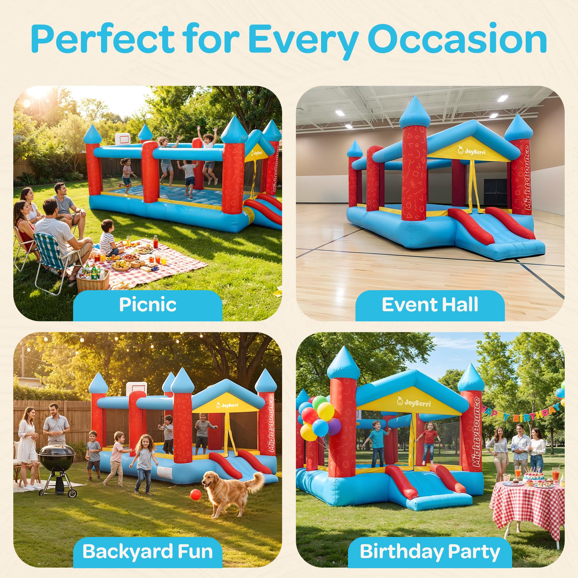 JoyBerri Mighty Bounce House with Blower -16.8' x8.9' Ft Extra Large Inflatable Bouncy Castle with Slide, Volleyball Net, Basketball Hoop — Kids Bounce House for Big Kids 5-12, Outdoor -ASTM Certified