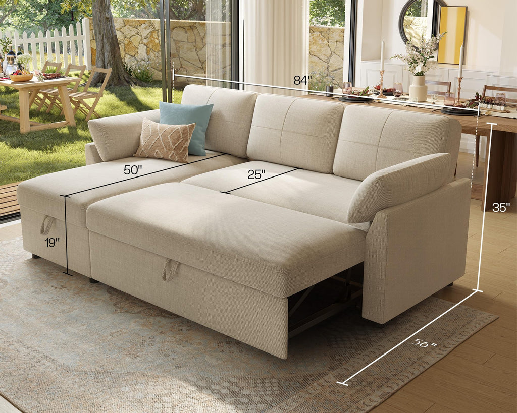 PaPaJet Sofa Bed, Sleeper Sofa with Storage Chaise, L Shaped Sofa with Pull Out Bed, Oversized Sofas for Living Room, Beige