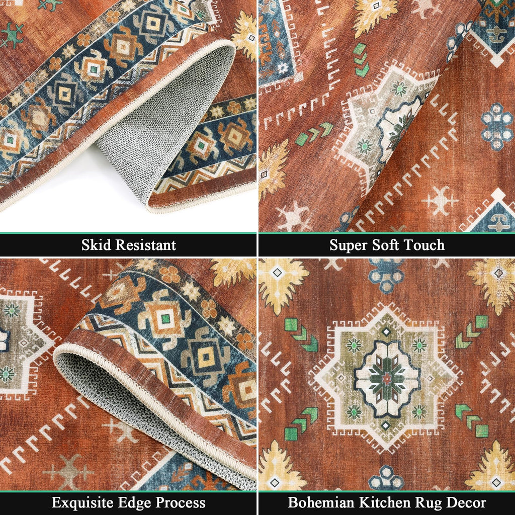HEBE Boho Kitchen Rug Sets 3 Piece with Runner Non Slip Kitchen Rugs and Mats Washable Kitchen Mats for Floor Thick Kitchen Floor Mat Carpet Runner Rugs for Hallway Laundry Holiday Decor