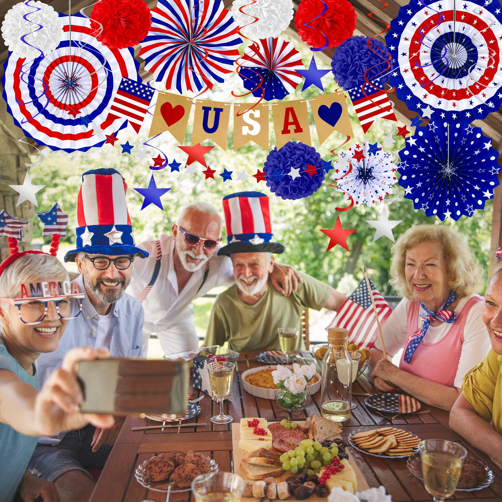 26 PCS 4th of July Decorations, 250th Memorial Day Red White Blue Paper Fans Decorations, 4th of July Banner Pompom Garland and Hanging Swirls Set for Fourth of July Independence Day Decor