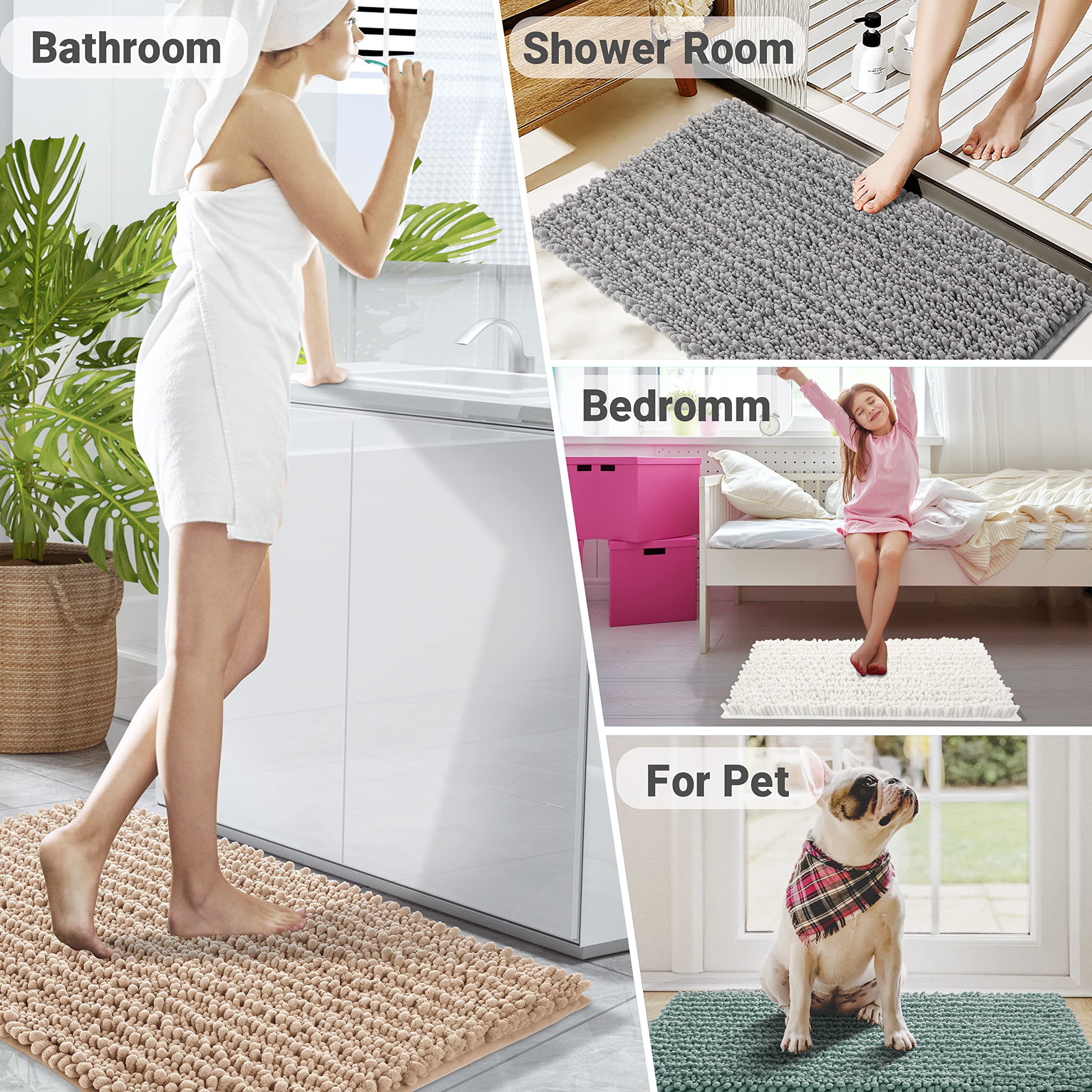 Yimobra Black Bathroom Rug Set 3 Piece - Super Absorbent Quick Dry Chenille Bath Mats & Toilet Rug, Non Slip Machine Washable, Extra Thick Shaggy Floor Mat for Shower Tub Sink