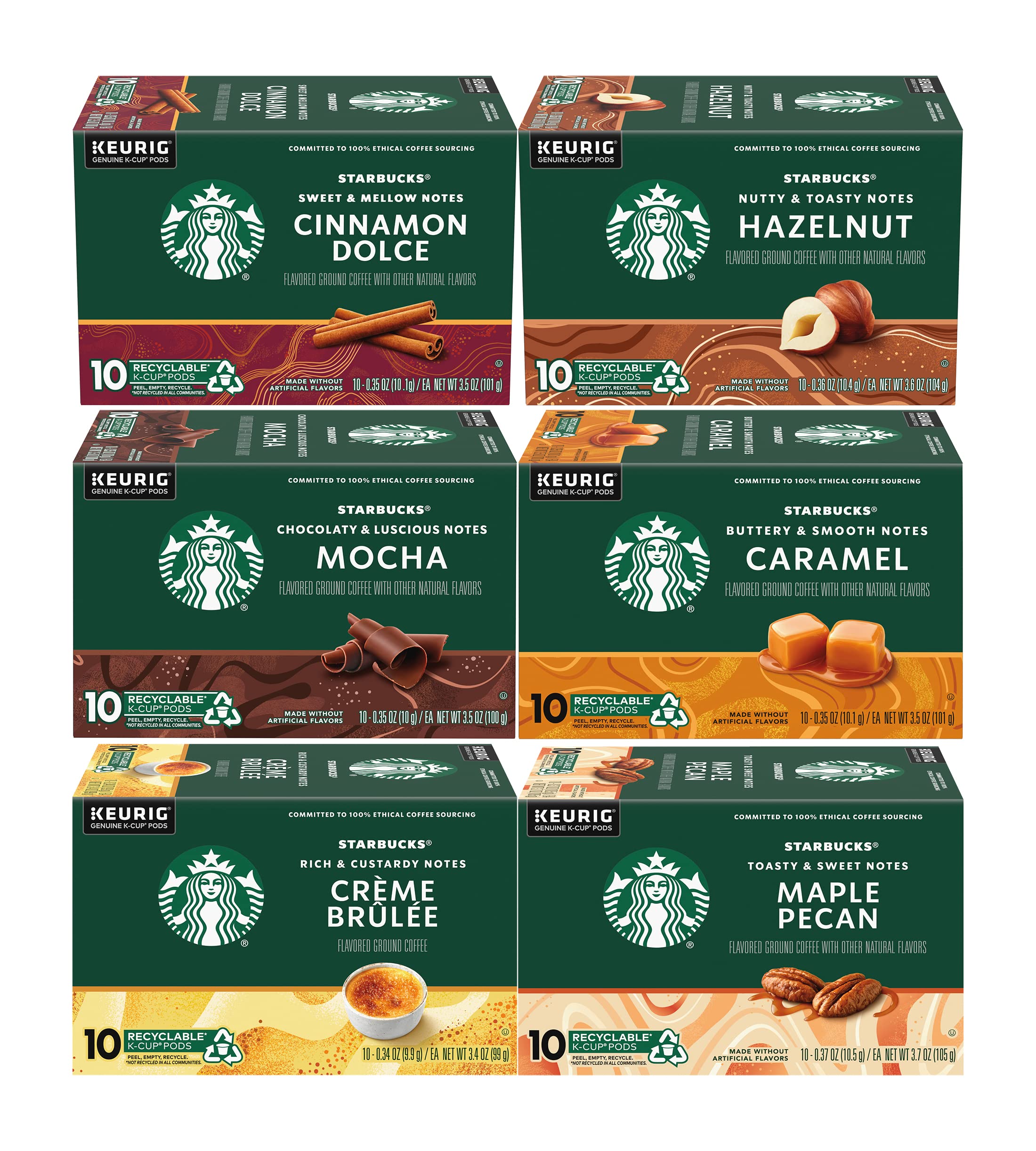 Starbucks Coffee K-Cup Variety Pack, 1 Cinnamon Dolce, 1 Hazelnut, 1 Mocha, 1 Cr�me Brulee, 1 Maple Pecan, 1 Caramel, 10 CT K-Cups, 1 CT