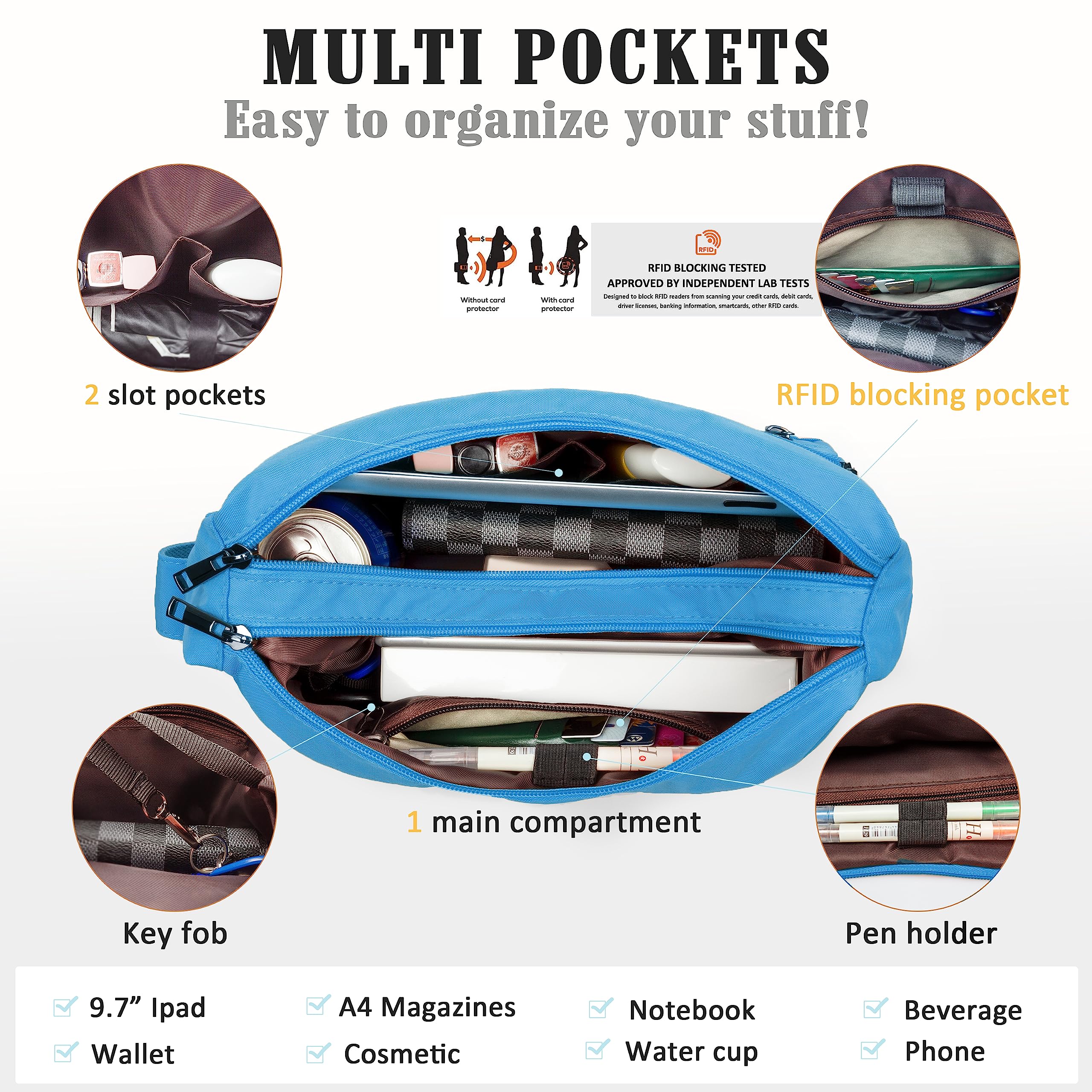 VOLGANIK ROCK RFID Purses for Women Fabric Nylon Multi Pocket Crossbody Bag Ladies Travel Handbag