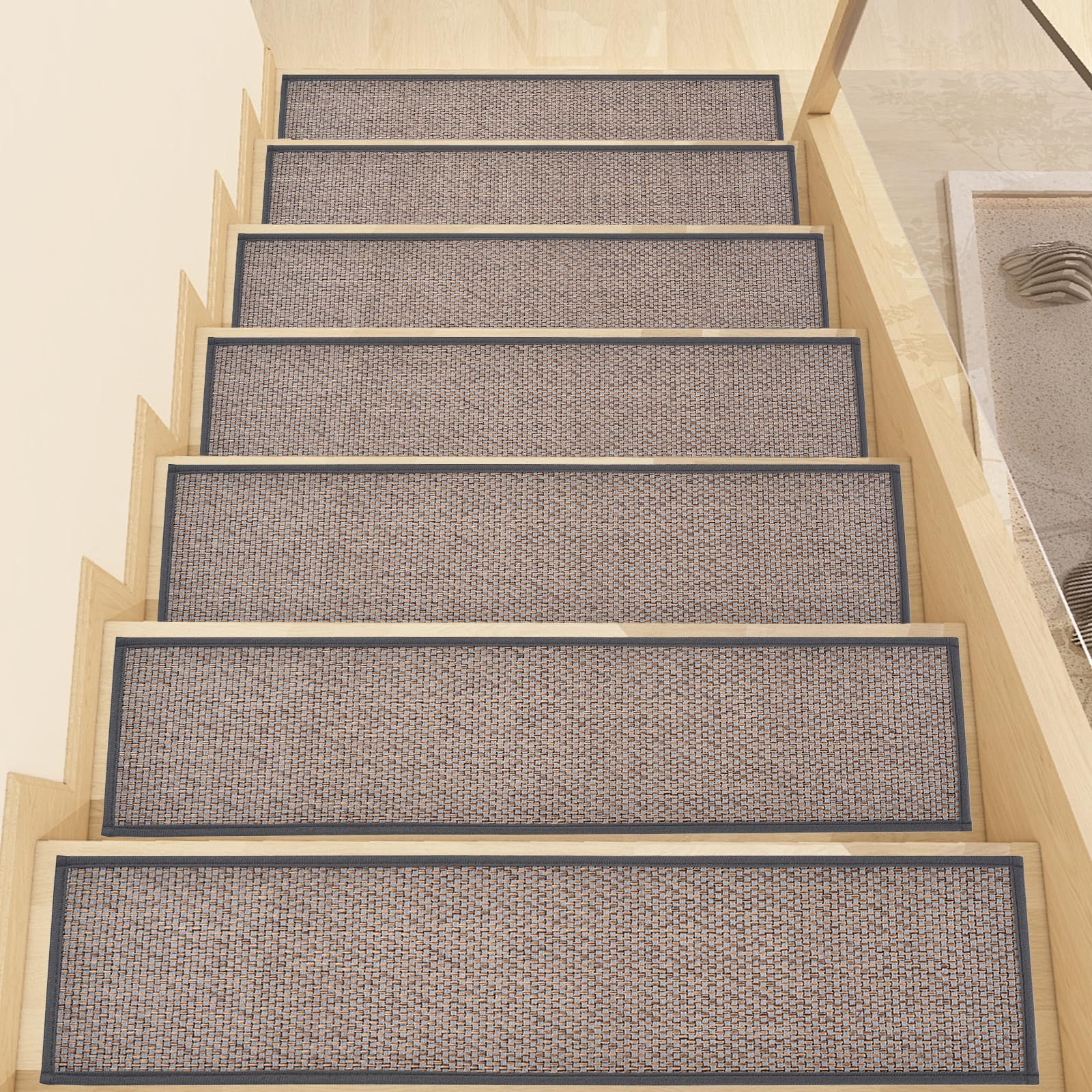 Non Slip Stair Treads for Wooden Steps, Square Rubber Backing Non Slip Stair Landing Mat, Thicken Linen Carpet Stair Runners Indoor, No Residue Stair Carpet Treads, 29"x29", Beige
