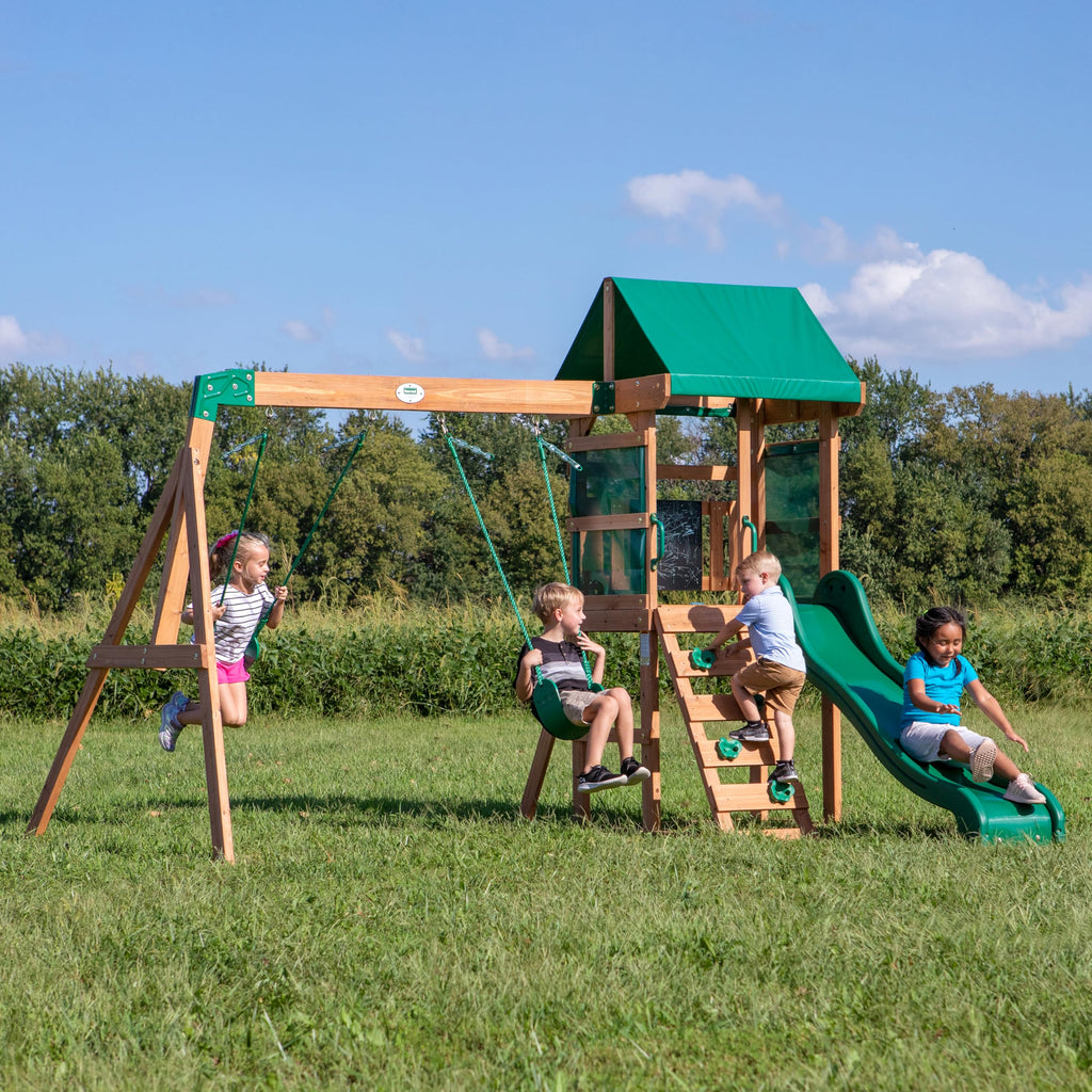 Backyard Discovery Bay Pointe Cedar Wood Swing Set with Wave Slide, Play Deck, Rock Wall Ladder, Belt Swings, Chalkboard, Canopy Roof, Outdoor Playset