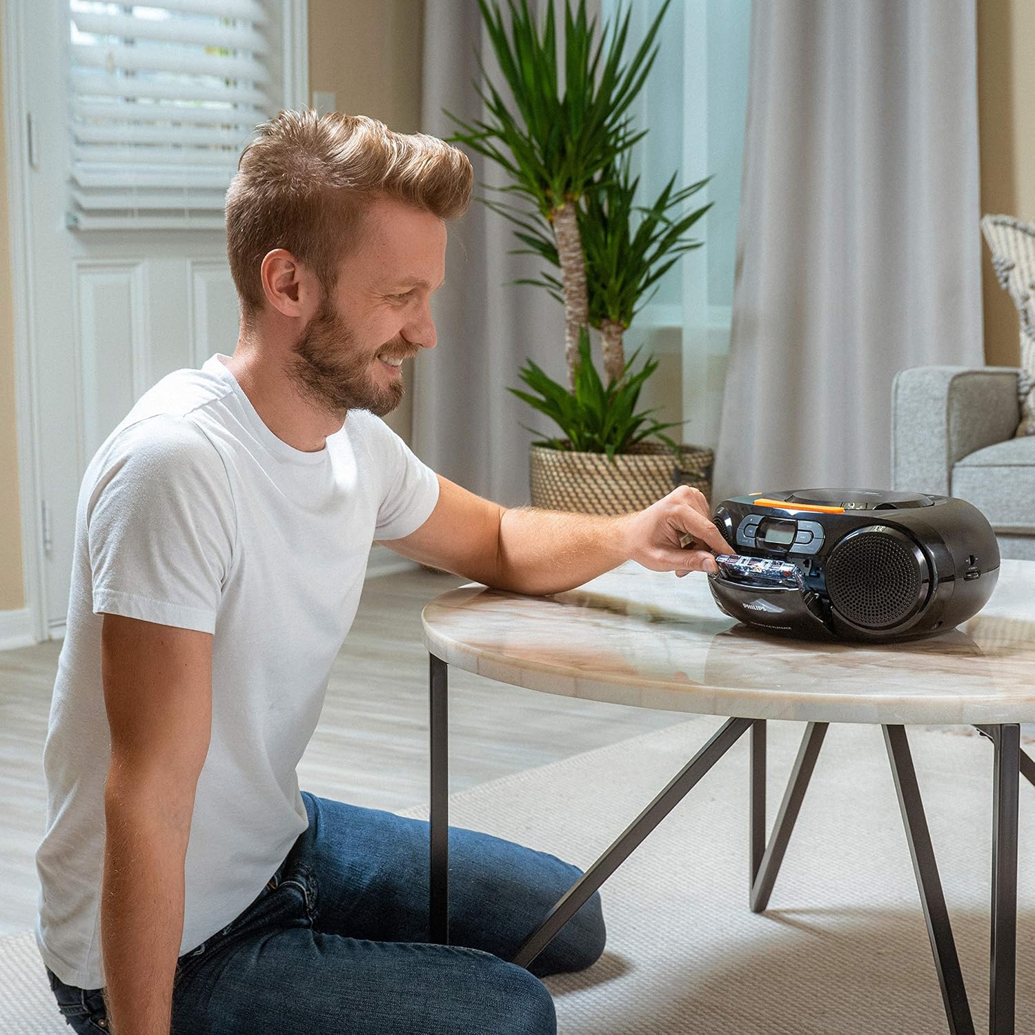 Philips Portable CD Player Boombox - Portable MP3 Player and Cassette Tape Player, Boom Box Compact Stereo Sound System with Dynamic Bass Boost, Take Your Music Outside with USB HiFi Music Player