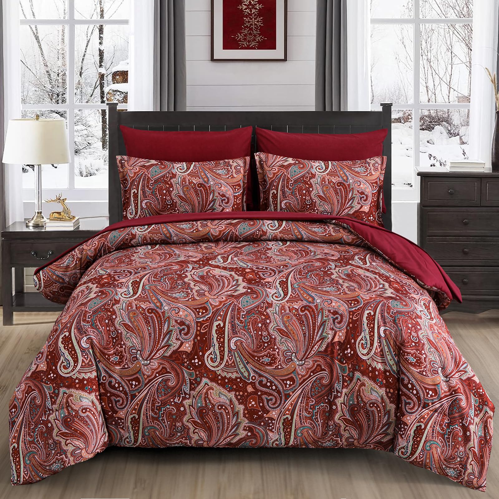 DJY Black Paisley Comforter Set Full Size 7 Piece Bed in a Bag Black and Grey Boho Paisley Pattern Comforter Set Soft Lightweight Microfiber Reversible Bedding Set for All Season