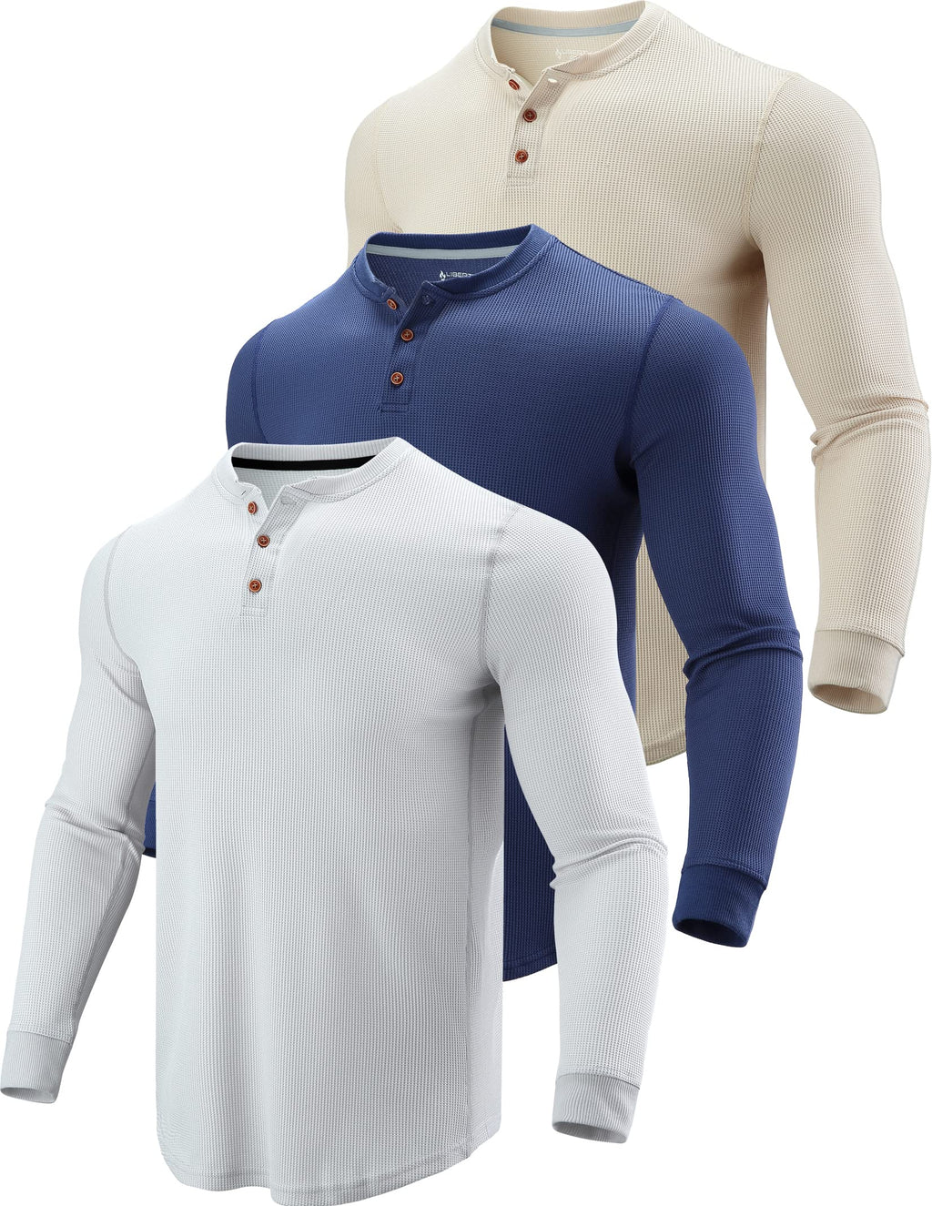 Liberty Pro 3 Pack Mens Waffle Henley Thermal Long Sleeve Shirts, Casual Fitted Fall Shirts for Men
