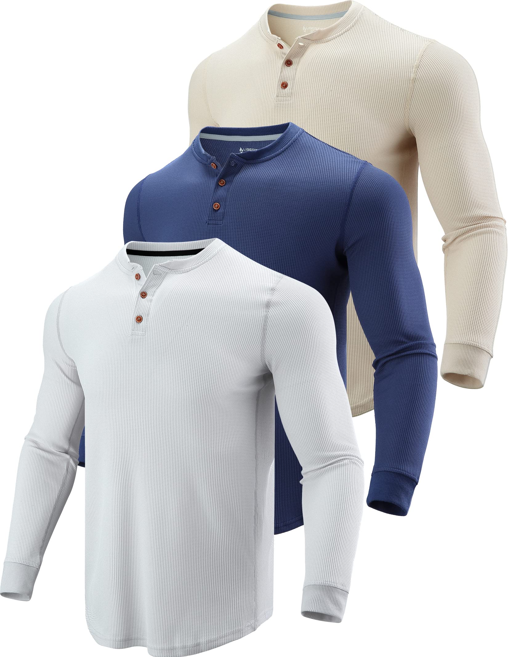 Liberty Pro 3 Pack Mens Waffle Henley Thermal Long Sleeve Shirts, Casual Fitted Fall Shirts for Men