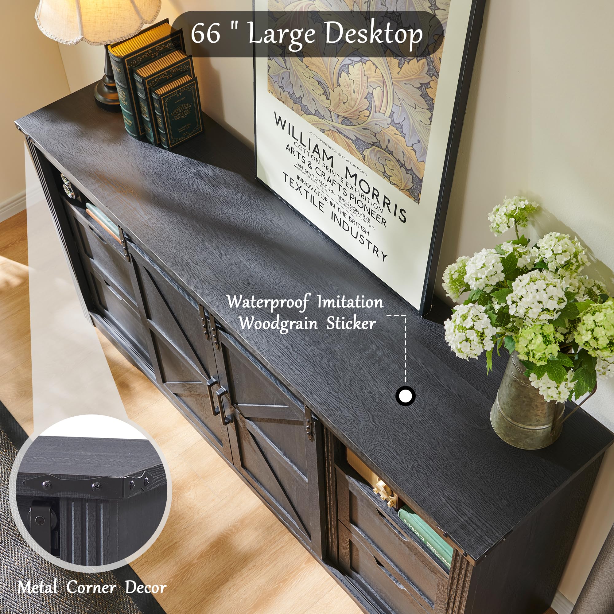 JXQTLINGMU Farmhouse TV Stand for 75+ Inch TV, 32" Tall Entertainment Center w/4 Drawers & Sliding Barn Door, Rustic Media Console w/Storage Shelves, 66" Wood Television Stand for Living Room, Black