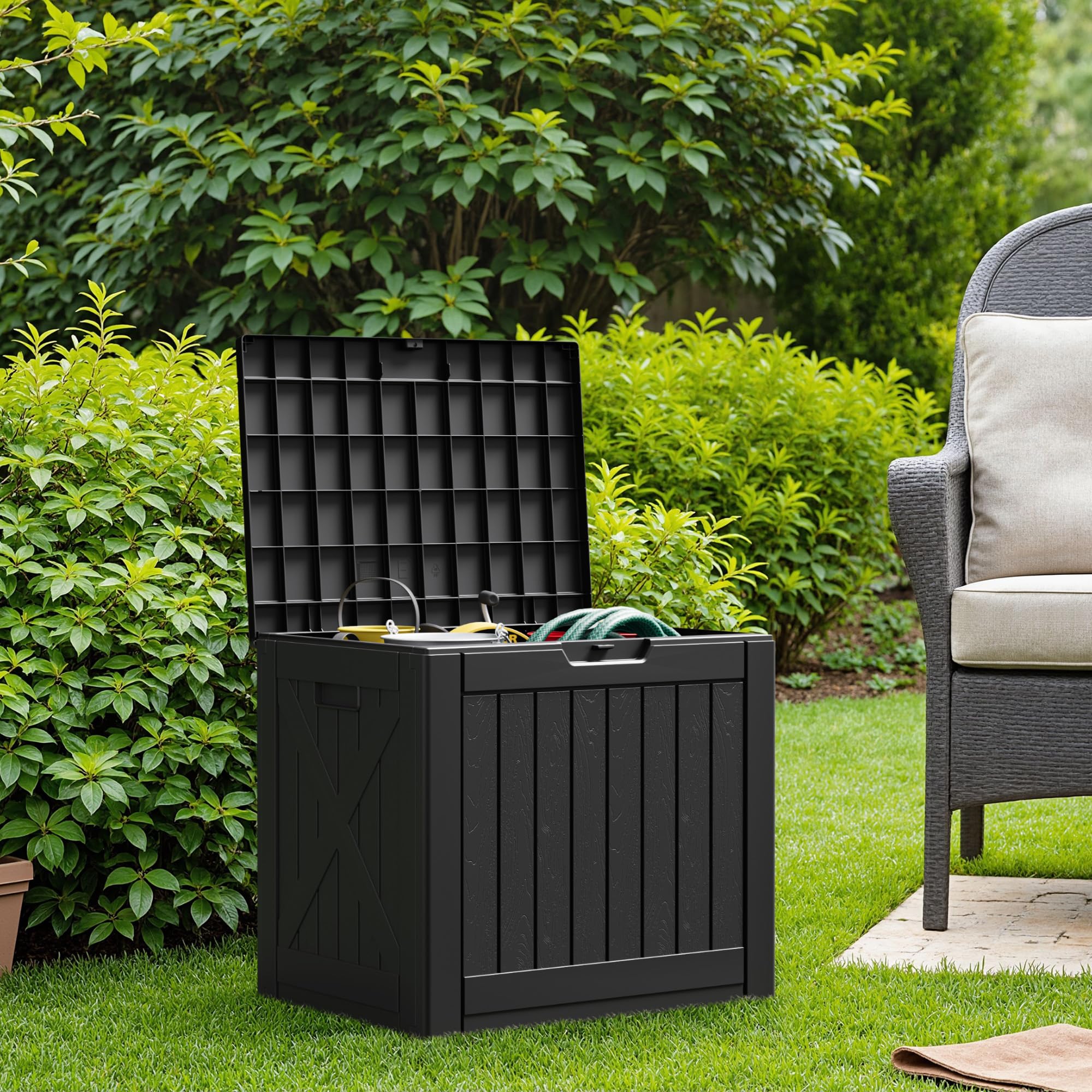 Flamaker Deck Box 30 Gallon, Waterproof Resin Small Storage Box with Lid, Outdoor Patio Furniture Cushion Garden Tool Organizer, Lockable Package Delivery Box for Porch Balcony (Black)