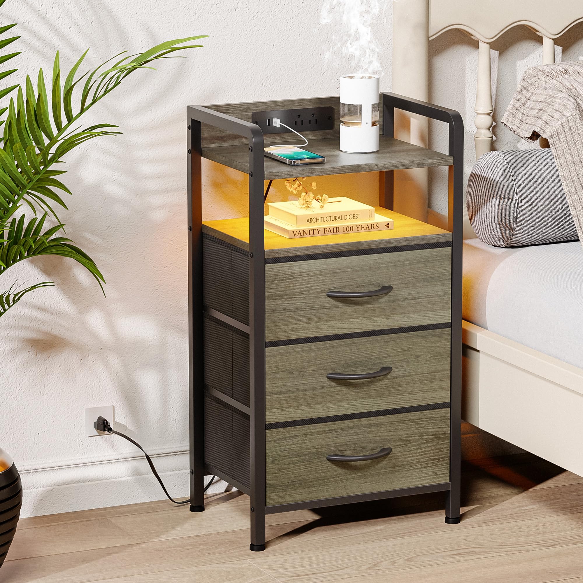 Lazzanto Night Stand Bedside Charger Bedroom - Nightstand with Charging Station & LED Light Strip, Night Stand with Storage Shelf & 2 Fabric Drawers, Morden End Table with U-S-B Ports & AC Outlets