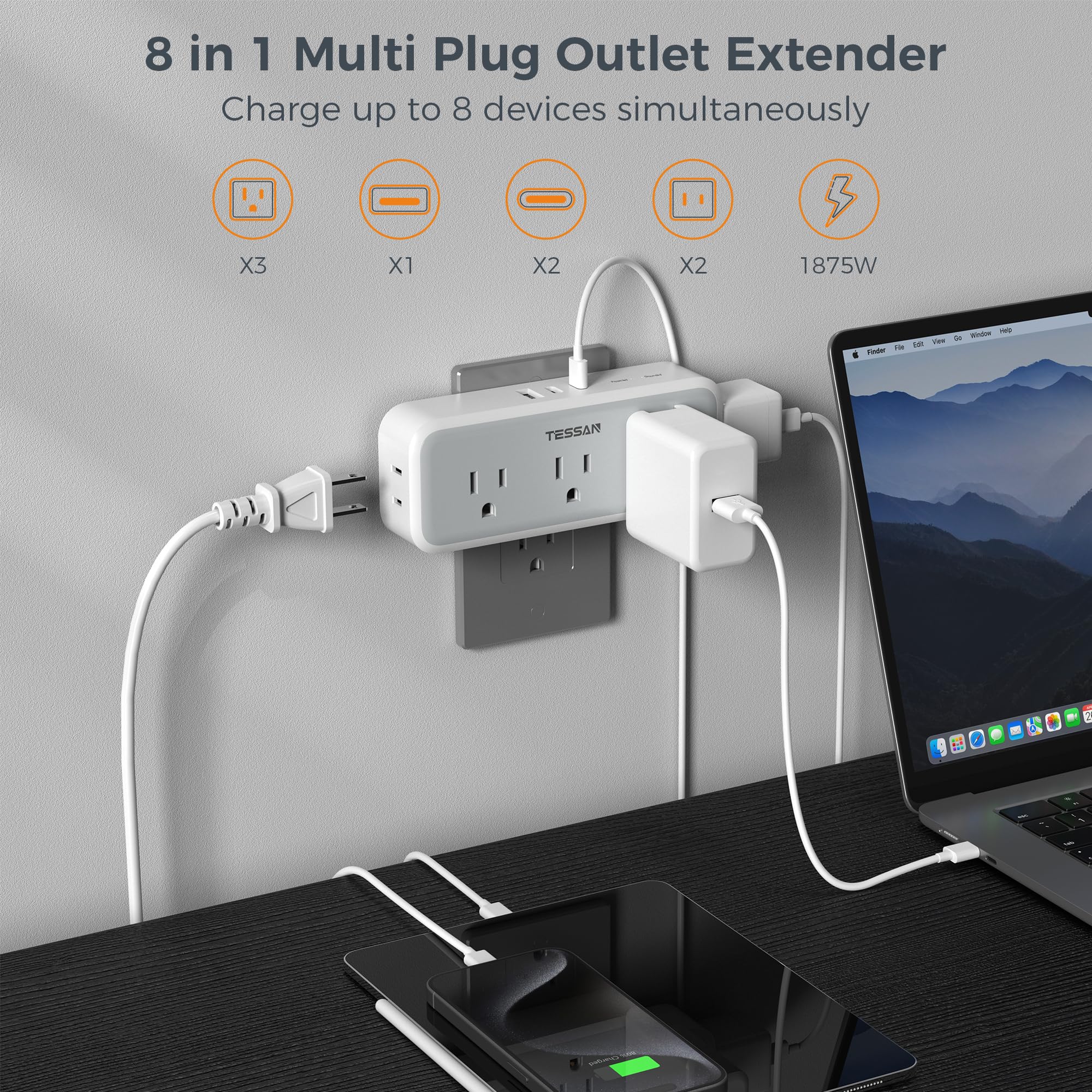 Multi Plug Outlet Extender, TESSAN Surge Protector Wall Plug Splitter with 5 Electrical Outlet Expander, Multiple Plug Adapter for Travel Home Office