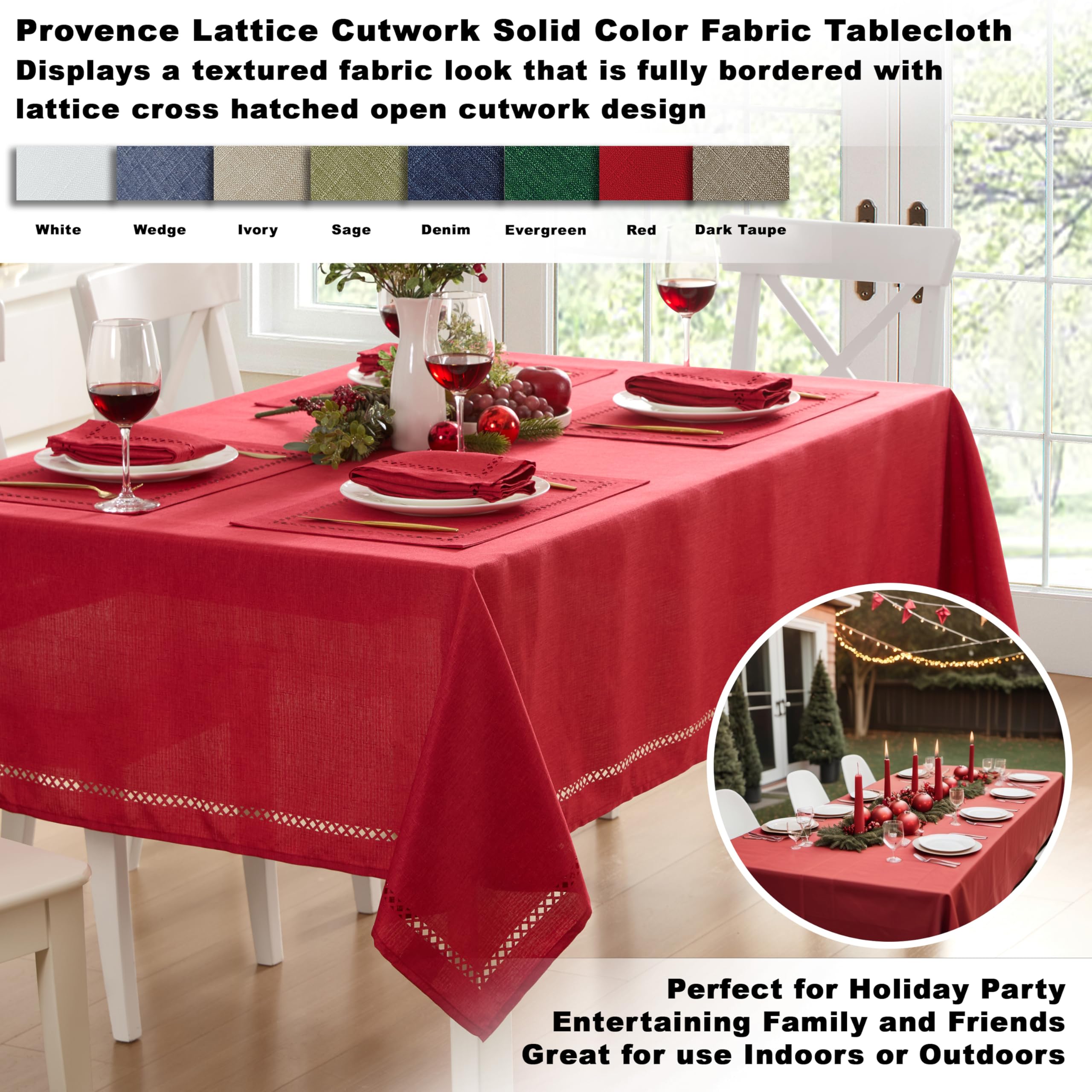 Newbridge Rectangle Fabric Placemats, Set of 4 Placemats, Provence Lattice Cutwork Solid Color Textured, Water and Stain Resistant Easy Care, Denim Blue
